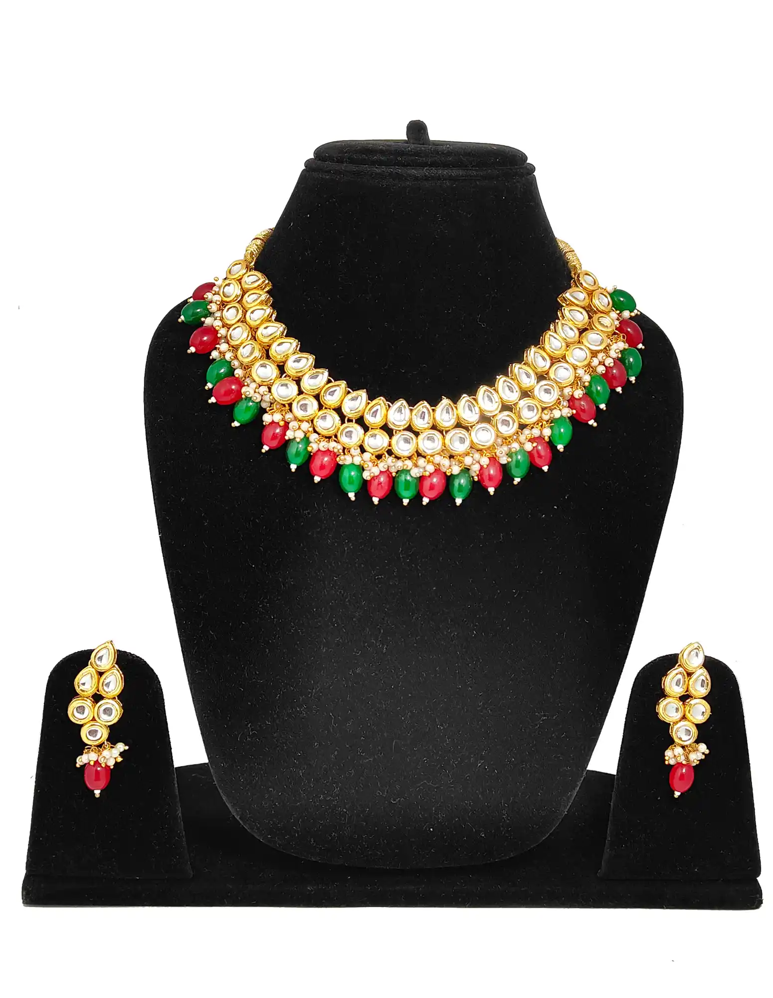 Red & Green Kundan Multicolor Two Layer Necklace - for jewellery making