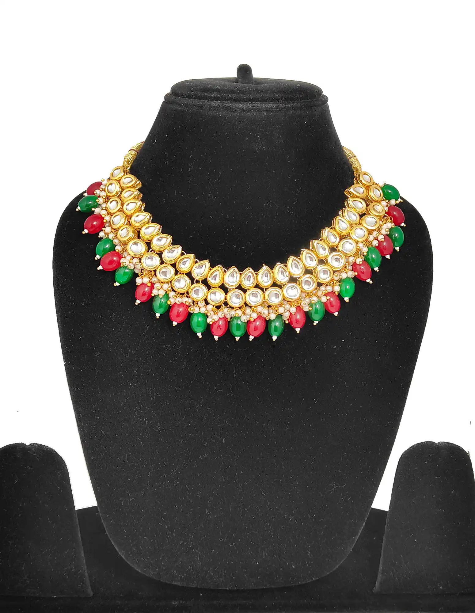 Red and Green Kundan Meena Set for Girls - Multicolor Kundan Jewellery Set - Image 3