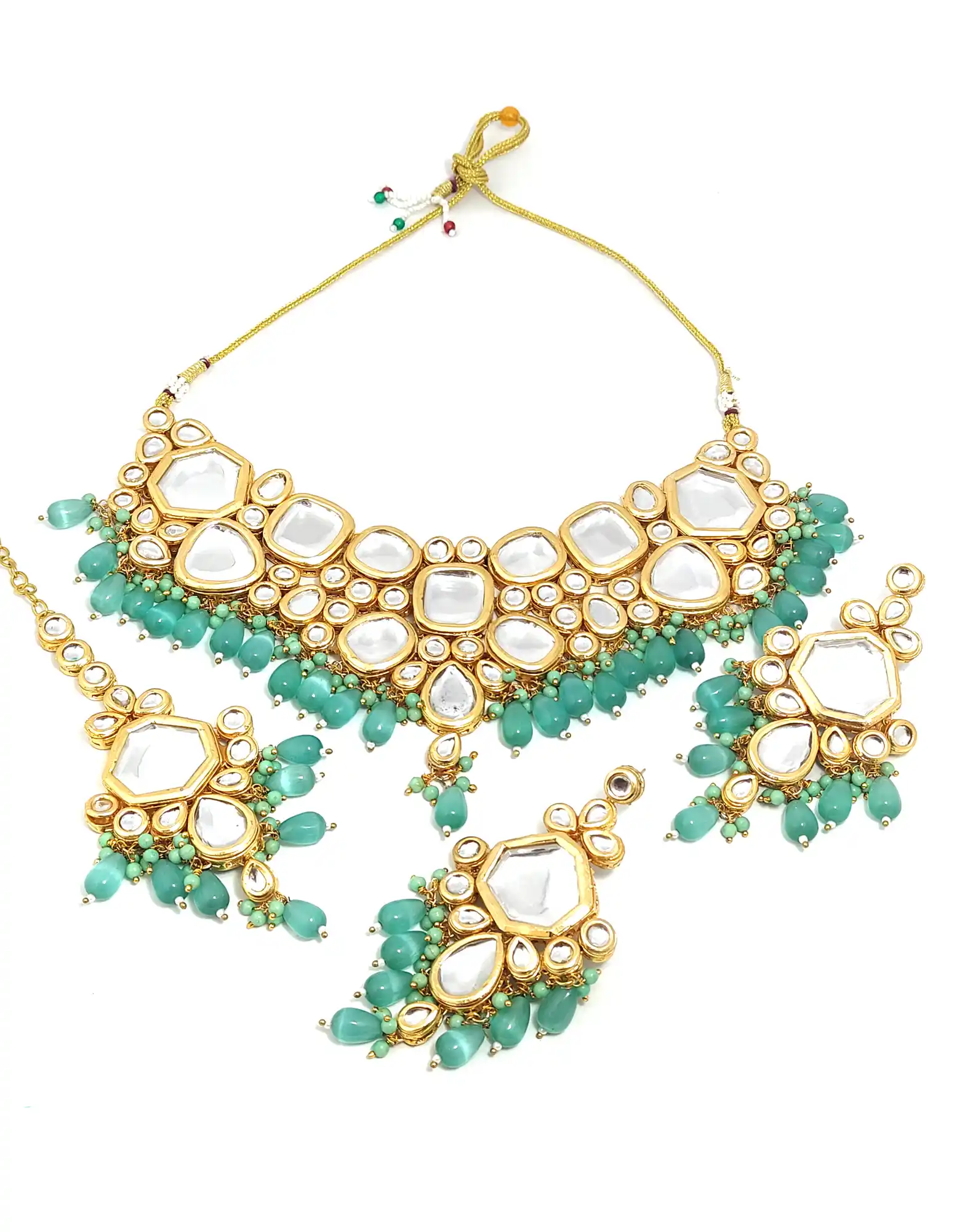 Front View of Sea Green Kundan Necklace Set - Green Sea Green Kundan Necklace Set - Image 3