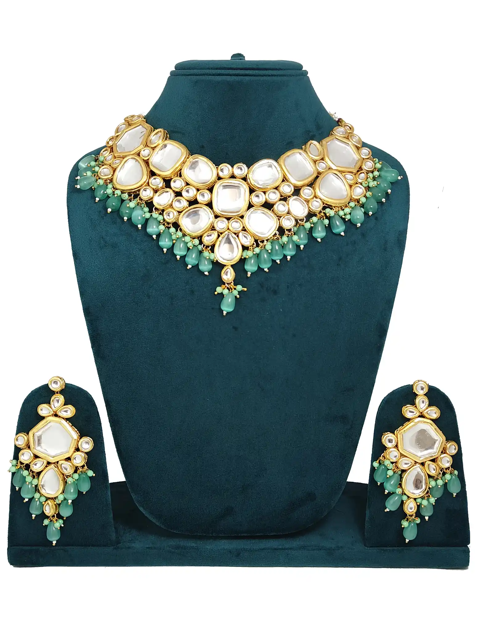 Main View of Sea Green Kundan Necklace Set - Green Sea Green Kundan Necklace Set - Image 4