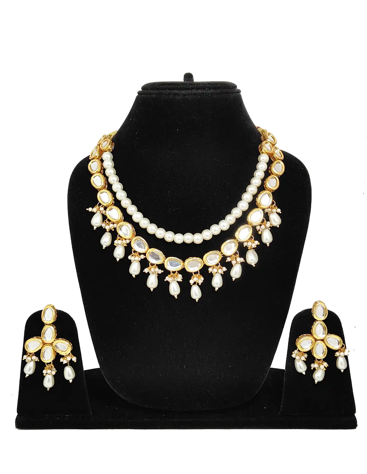 White Pearl Kundan Set - Front Necklace View - White White Pearl Kundan Set - Image 3