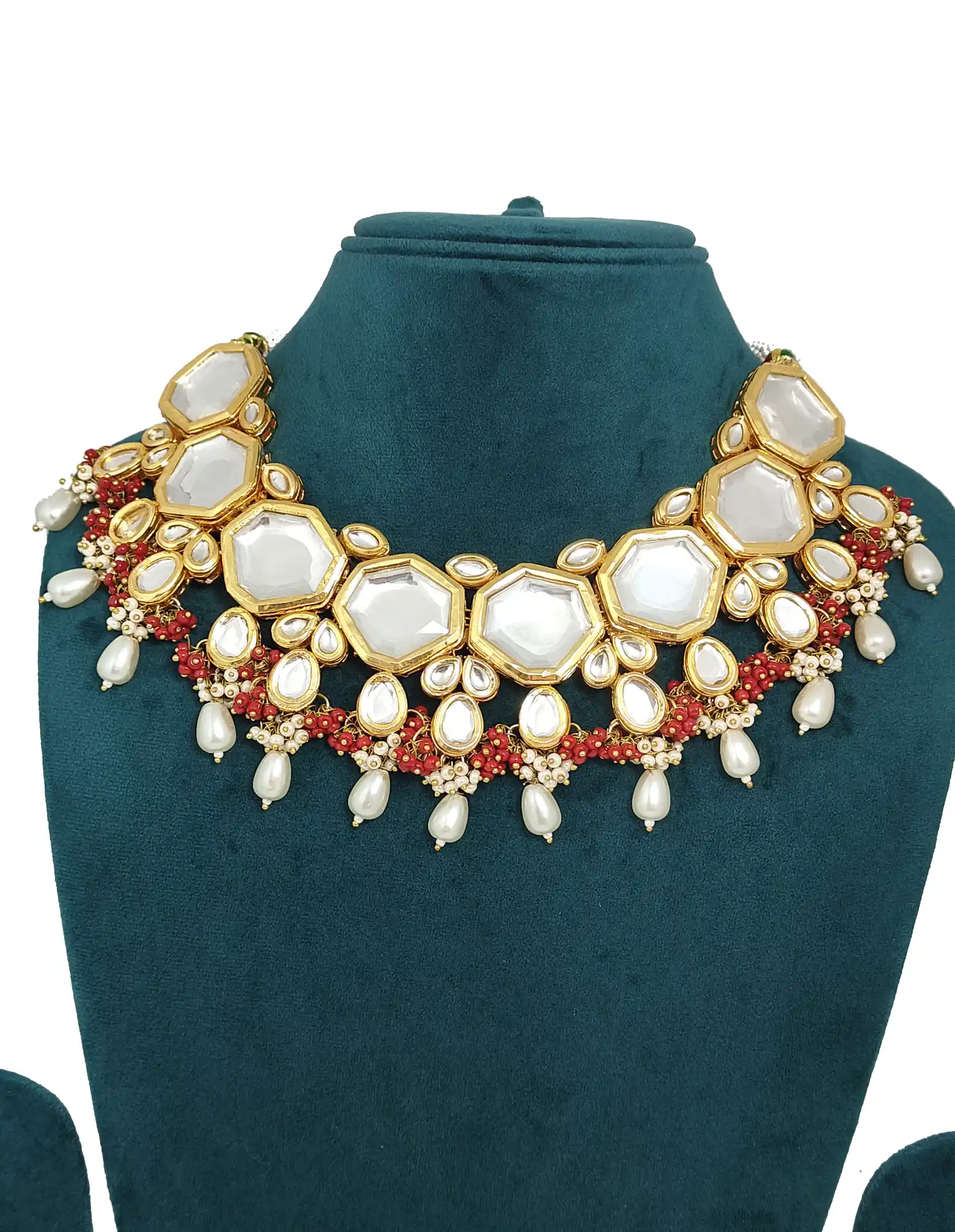 Meena Kundan White Pearls Necklace Set - White Kundan Pearls Necklace Set - Image 3