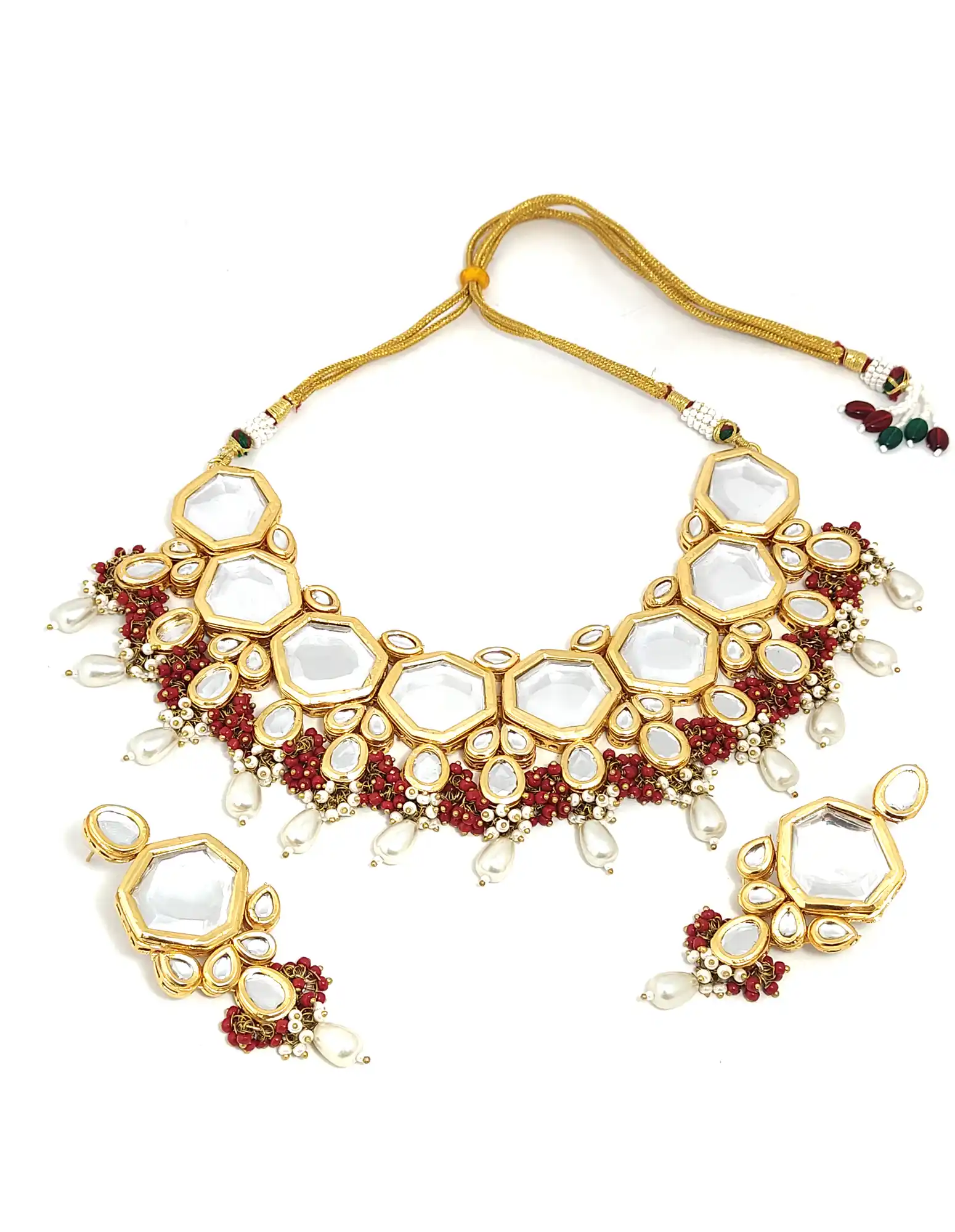 Gold Plated Meena Kundan Necklace set with Pearls - White Kundan Pearls Necklace Set - Image 4
