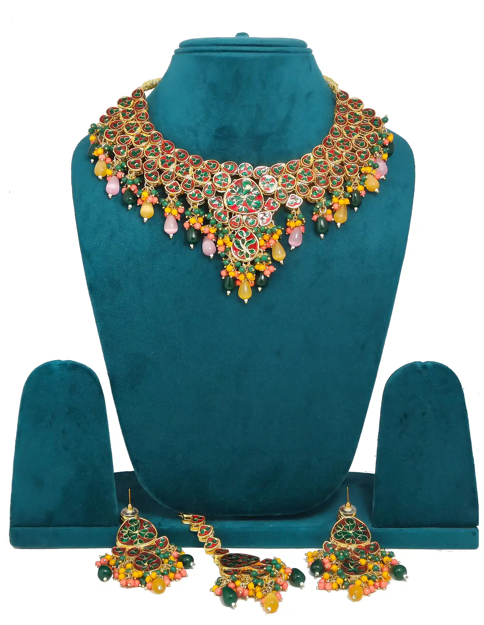 Back Side of Yellow and Dark Green Necklace Set - Multicolor Yellow and Dark Green Necklace Set - Image 4