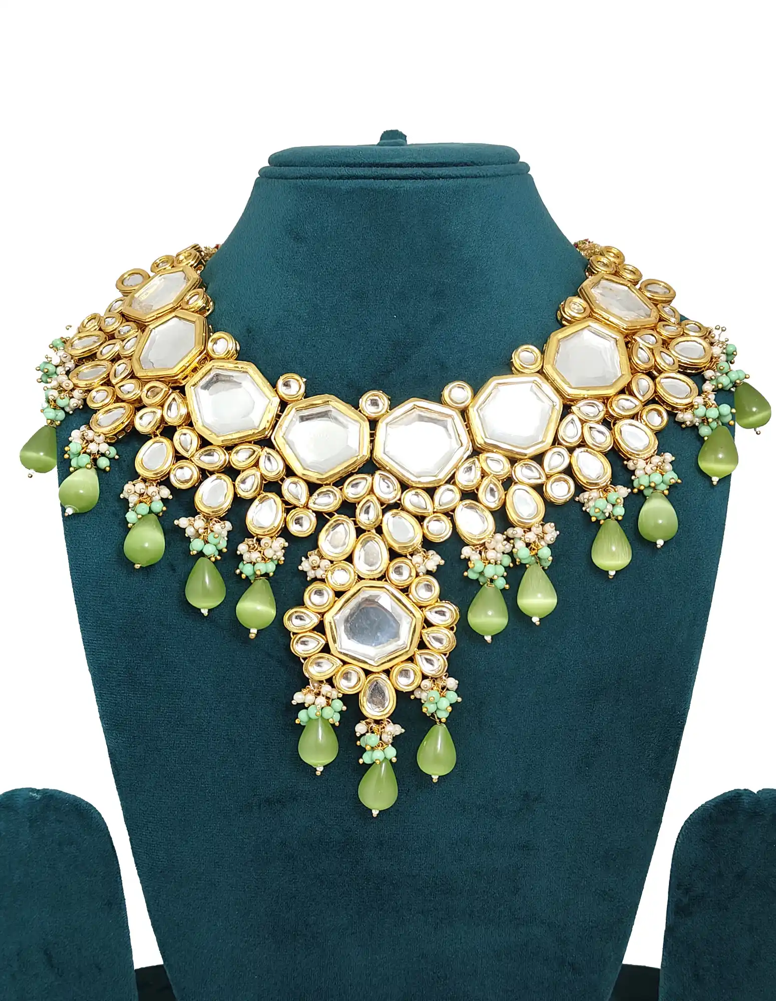 Front View of Elegant Kundan Necklace Set - Green Kundan Monalisa Necklace Set - Image 3