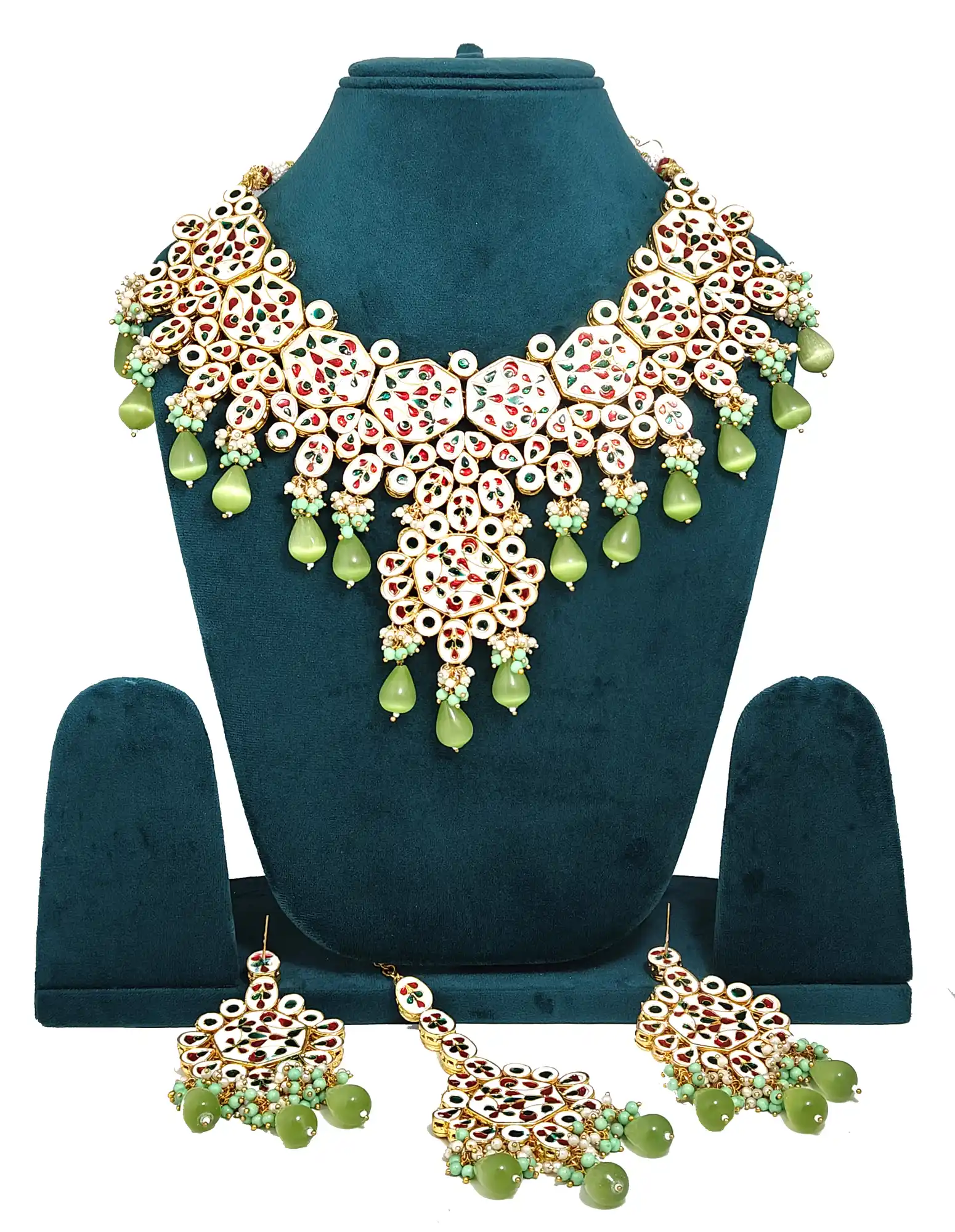 Back Meenakari Elegant Kundan Necklace Set - Green Kundan Monalisa Necklace Set - Image 4