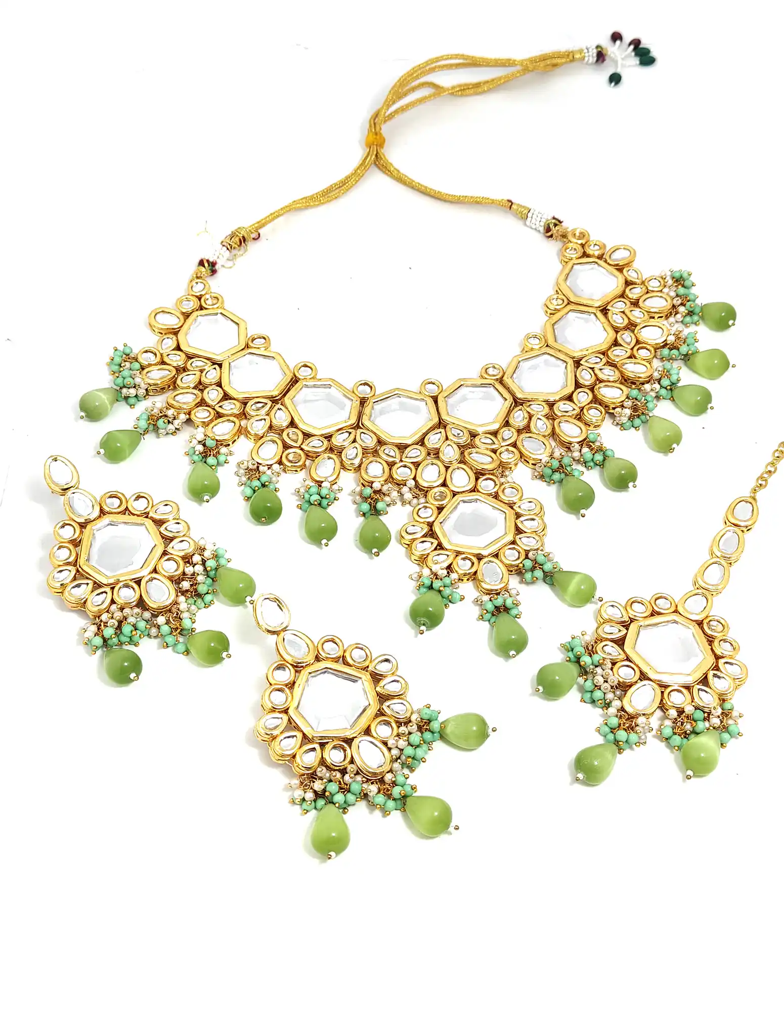 Elegant Kundan Necklace Set - Front View - Green Kundan Monalisa Necklace Set - Image 5