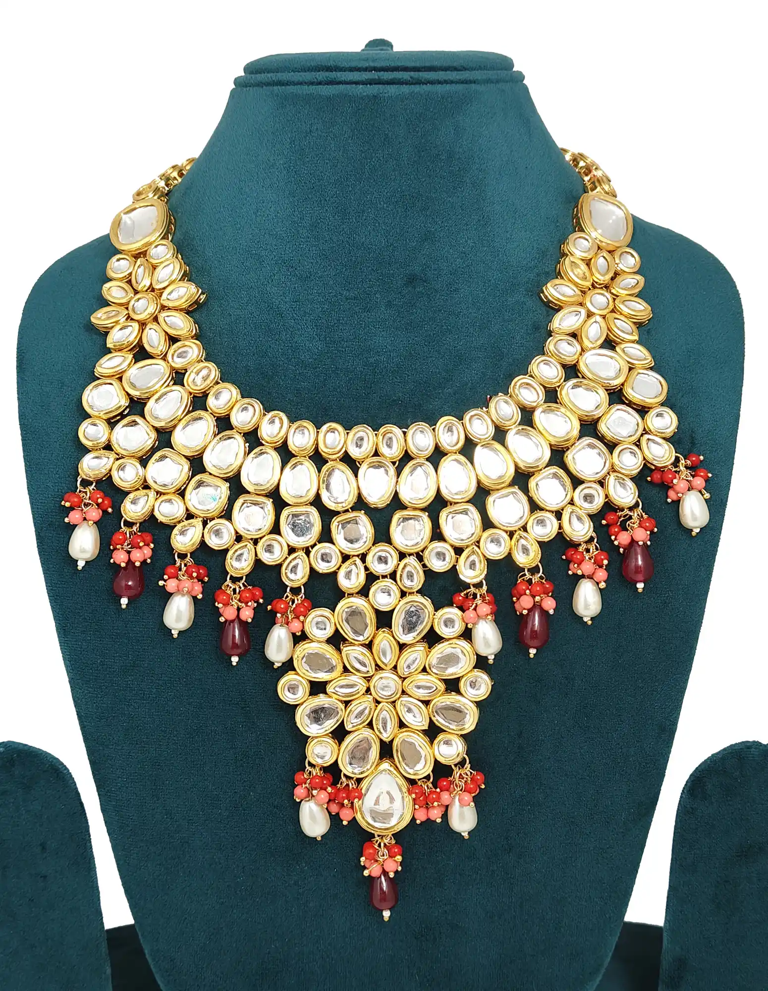 White and Maroon Kundan Bridal Necklace main view - Multicolor Kundan Bridal Necklace Set - Image 3