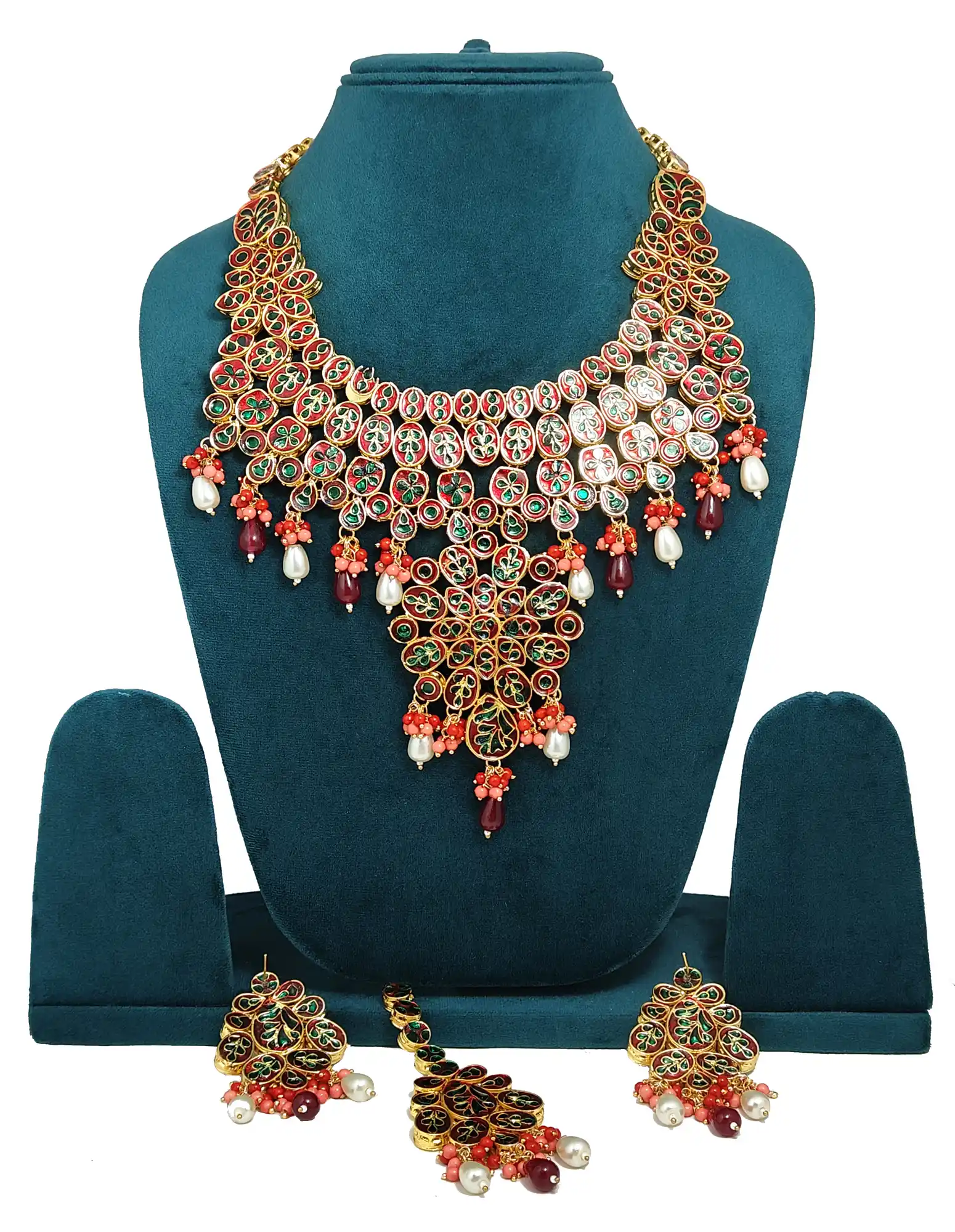 Meenakari White and Maroon Kundan Bridal Necklace - Multicolor Kundan Bridal Necklace Set - Image 4