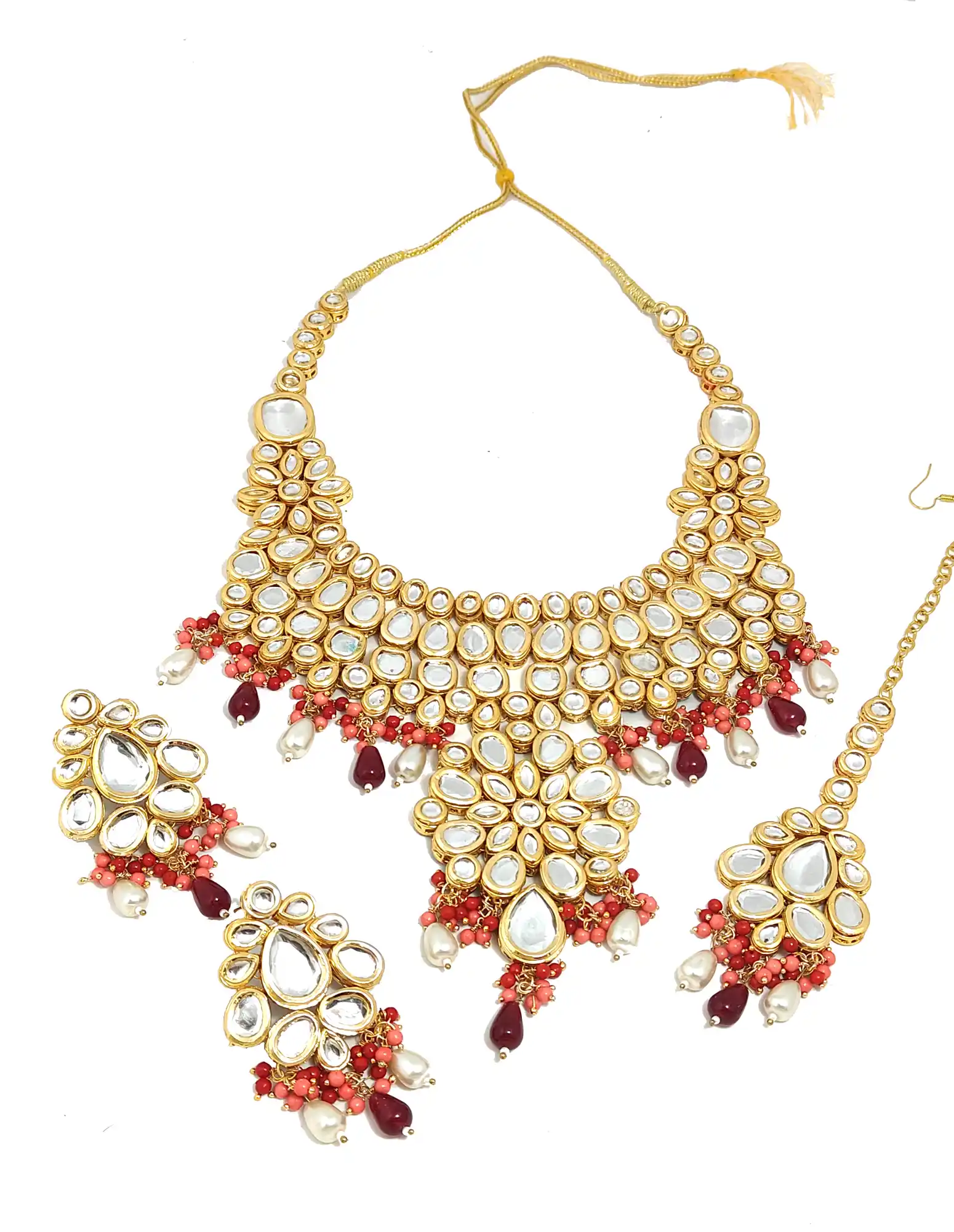 Front of White and Maroon Kundan Bridal Necklace - Multicolor Kundan Bridal Necklace Set - Image 5