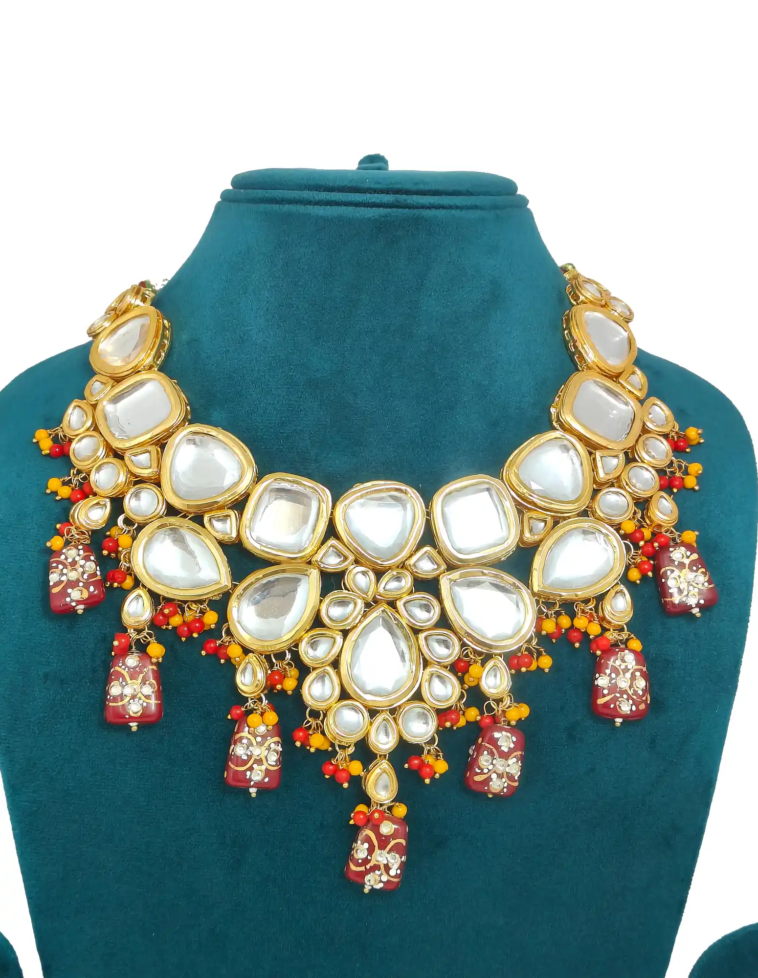 Womens Kundan Necklace Set With Red Thumble - Red kundan jewellery - Image 3
