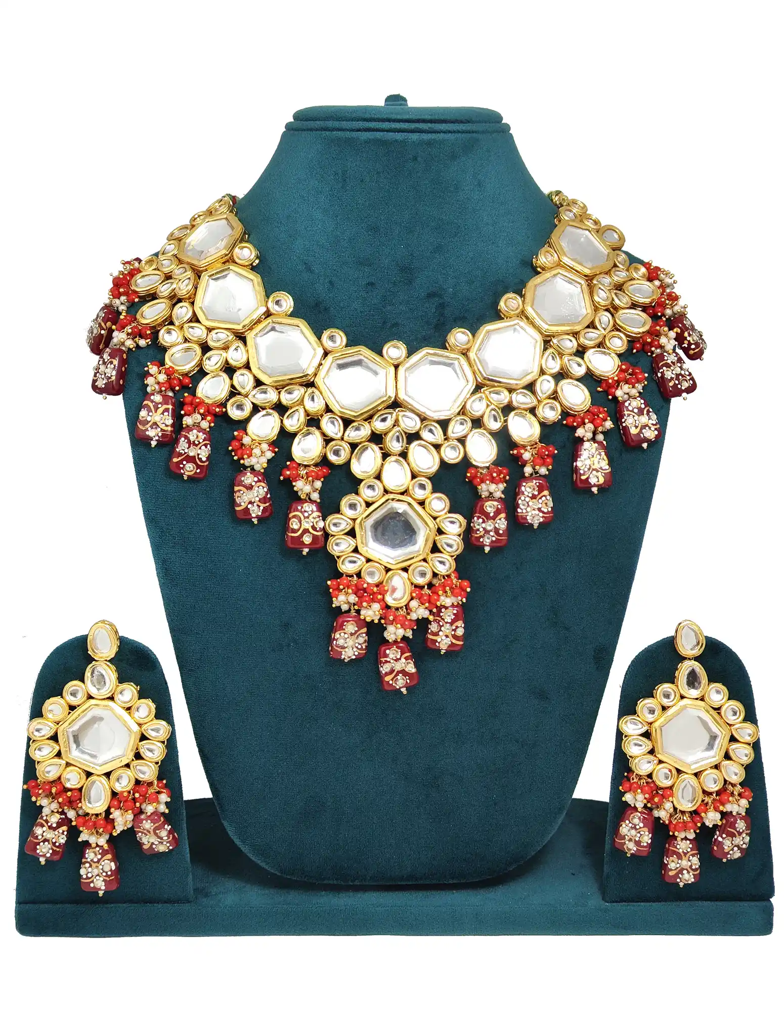 Maroon Kundan Studded Necklace Set for Women - Maroon Kundan Bridal Necklace Set - Image 3