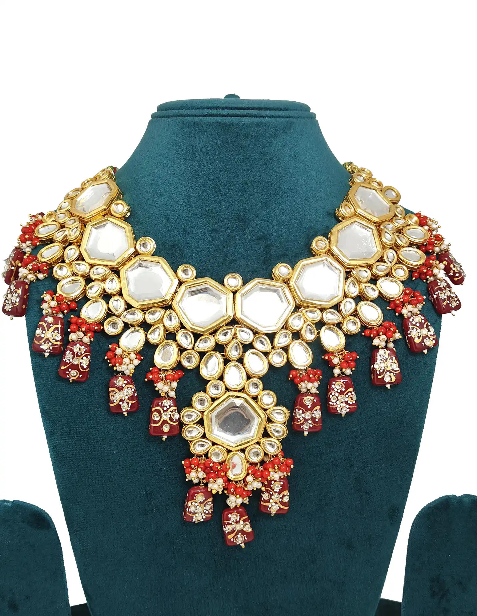Maroon Kundan Studded Necklace Set for Girls - Maroon Kundan Bridal Necklace Set - Image 4