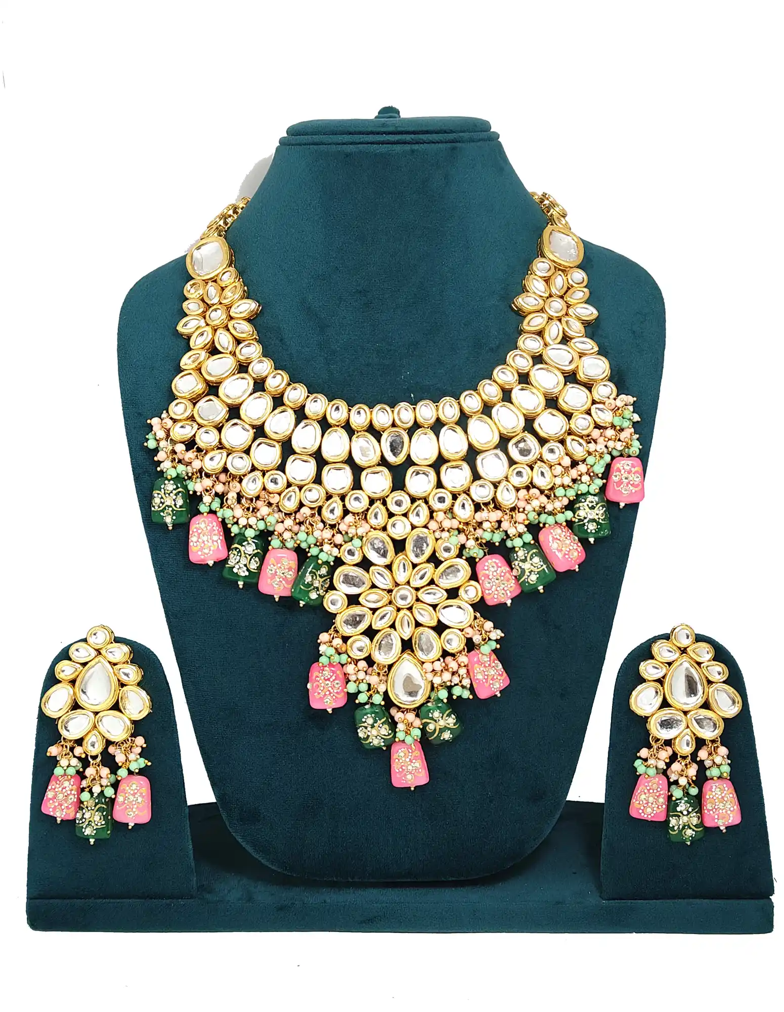 Girls Pink Green Kundan Bridal Necklace Set - for jewellery making