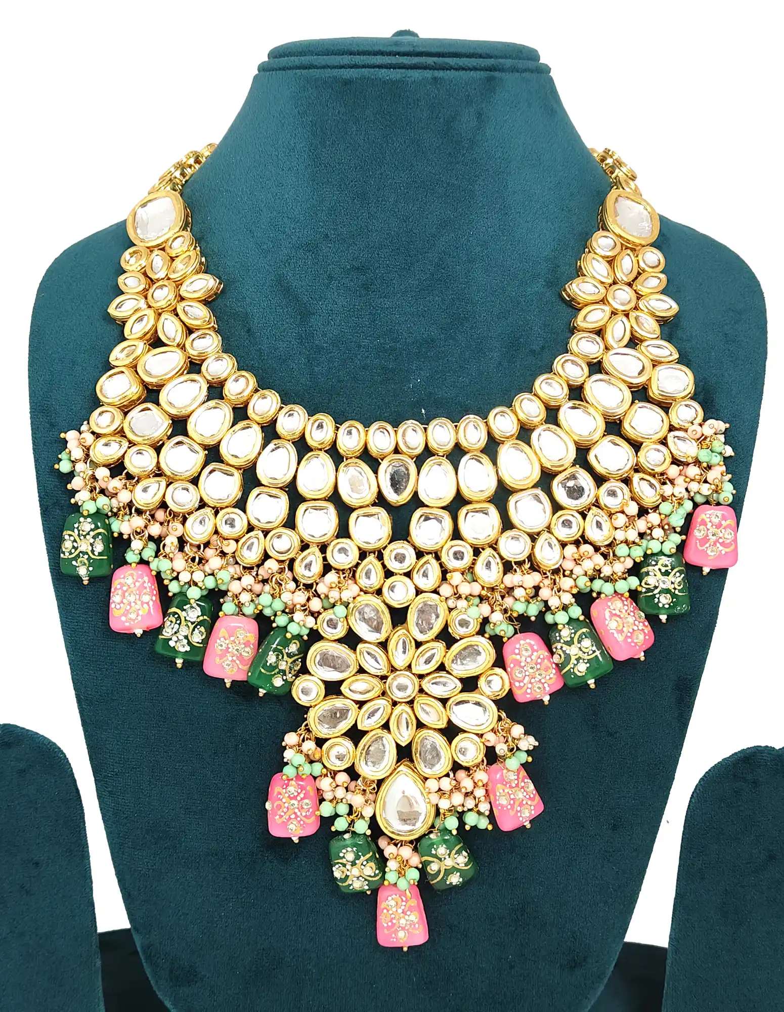 Womens Pink Green Kundan Bridal Necklace Set - Multicolor Kundan Bridal Necklace - Image 3