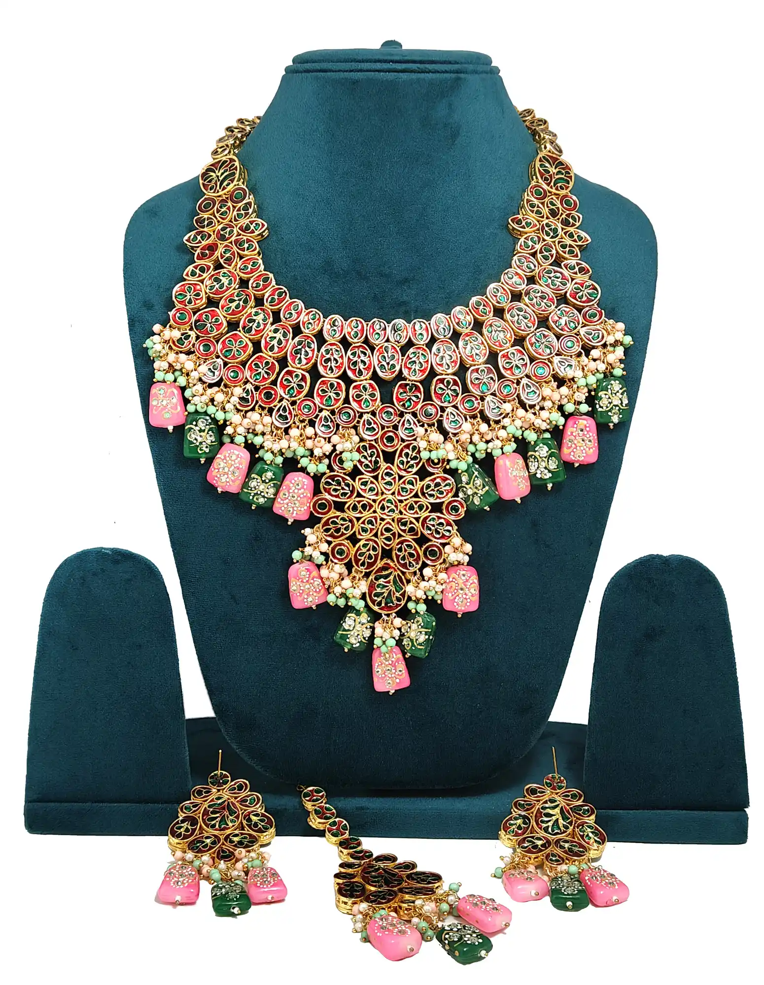 Meenakari Pink Green Kundan Bridal Necklace Set - Multicolor Kundan Bridal Necklace - Image 4