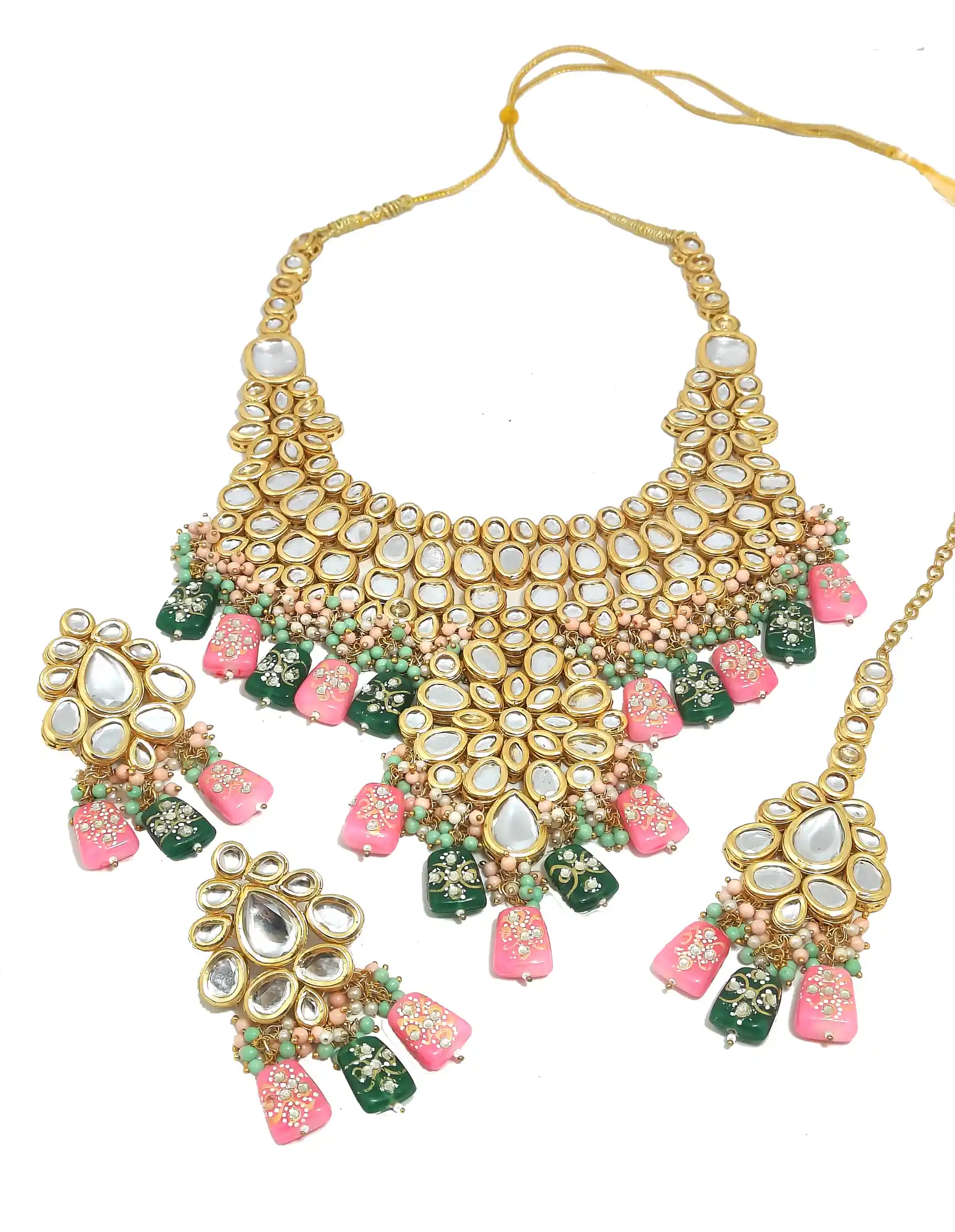 Pink Green Kundan Bridal Necklace Set for Girls - Multicolor Kundan Bridal Necklace - Image 5