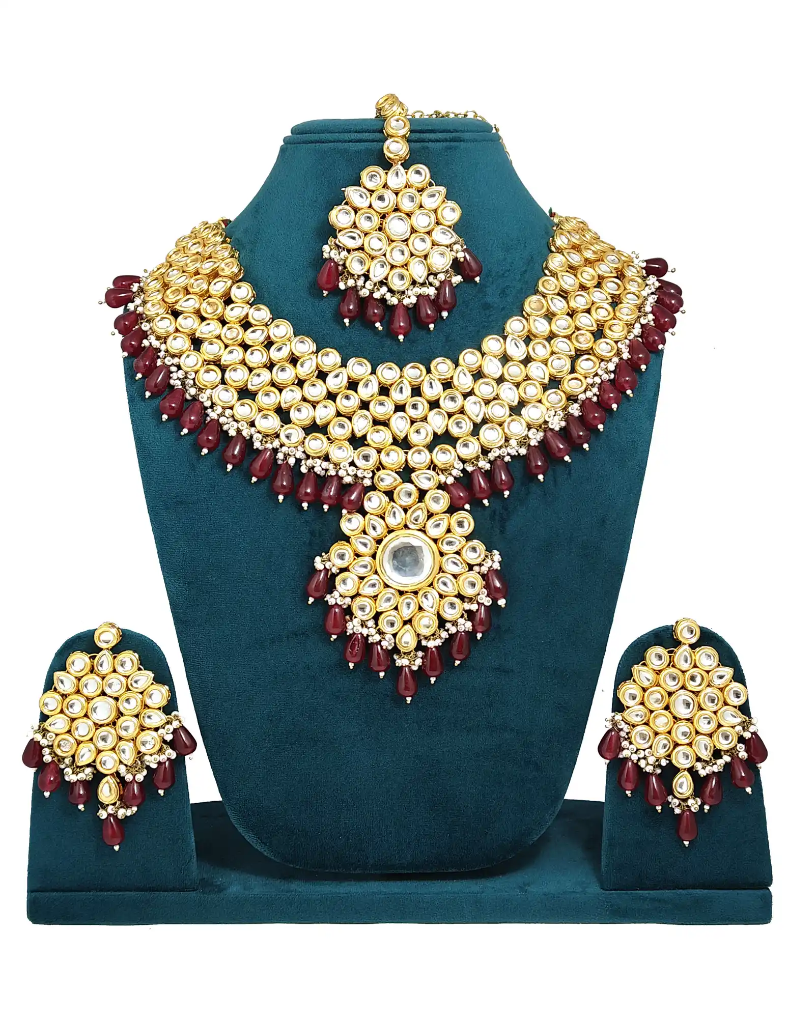 Kundan White Beaded Necklace Set - Maroon - for jewellery making
