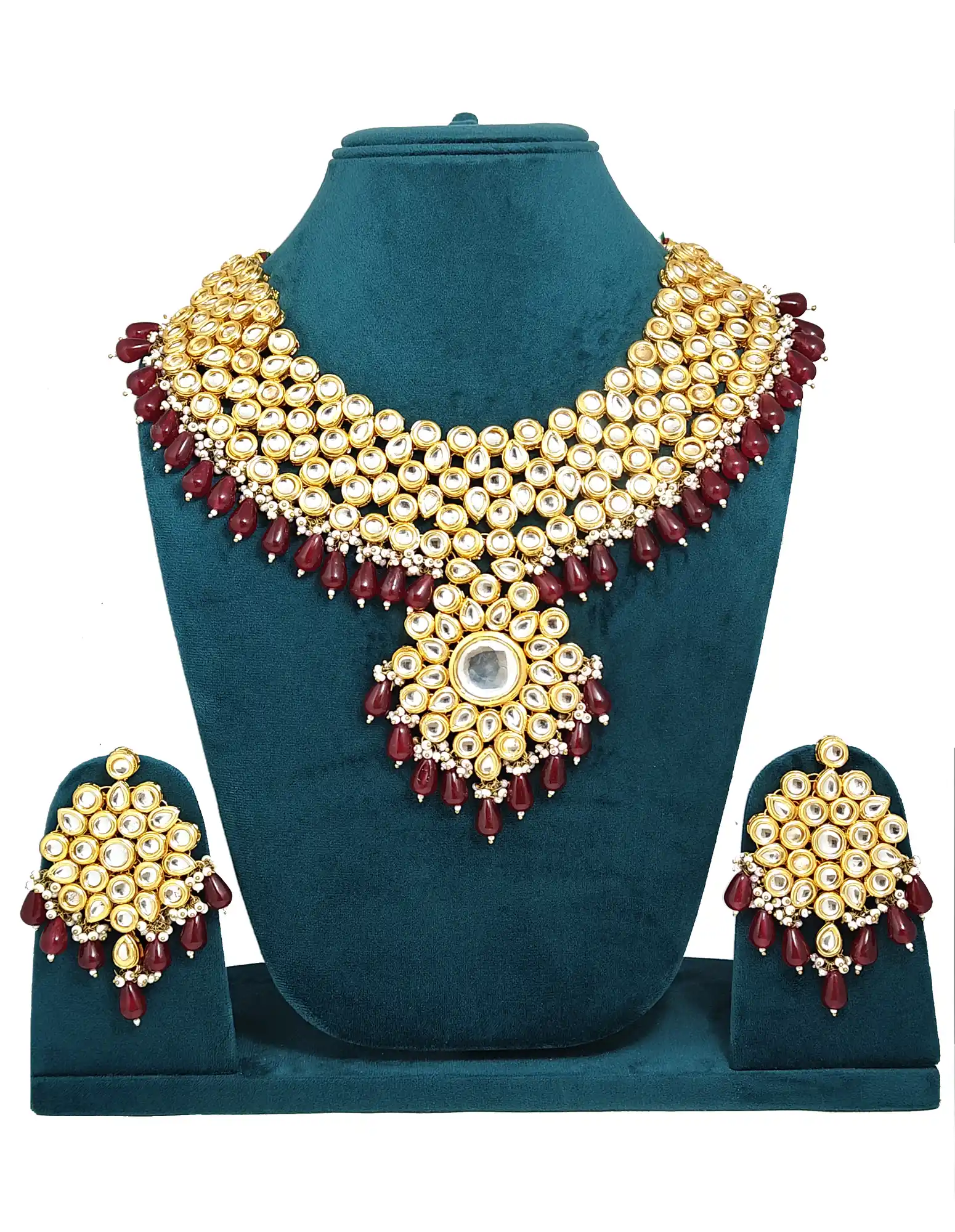 Womens Kundan White Beaded Necklace Set - Maroon - for jewellery making