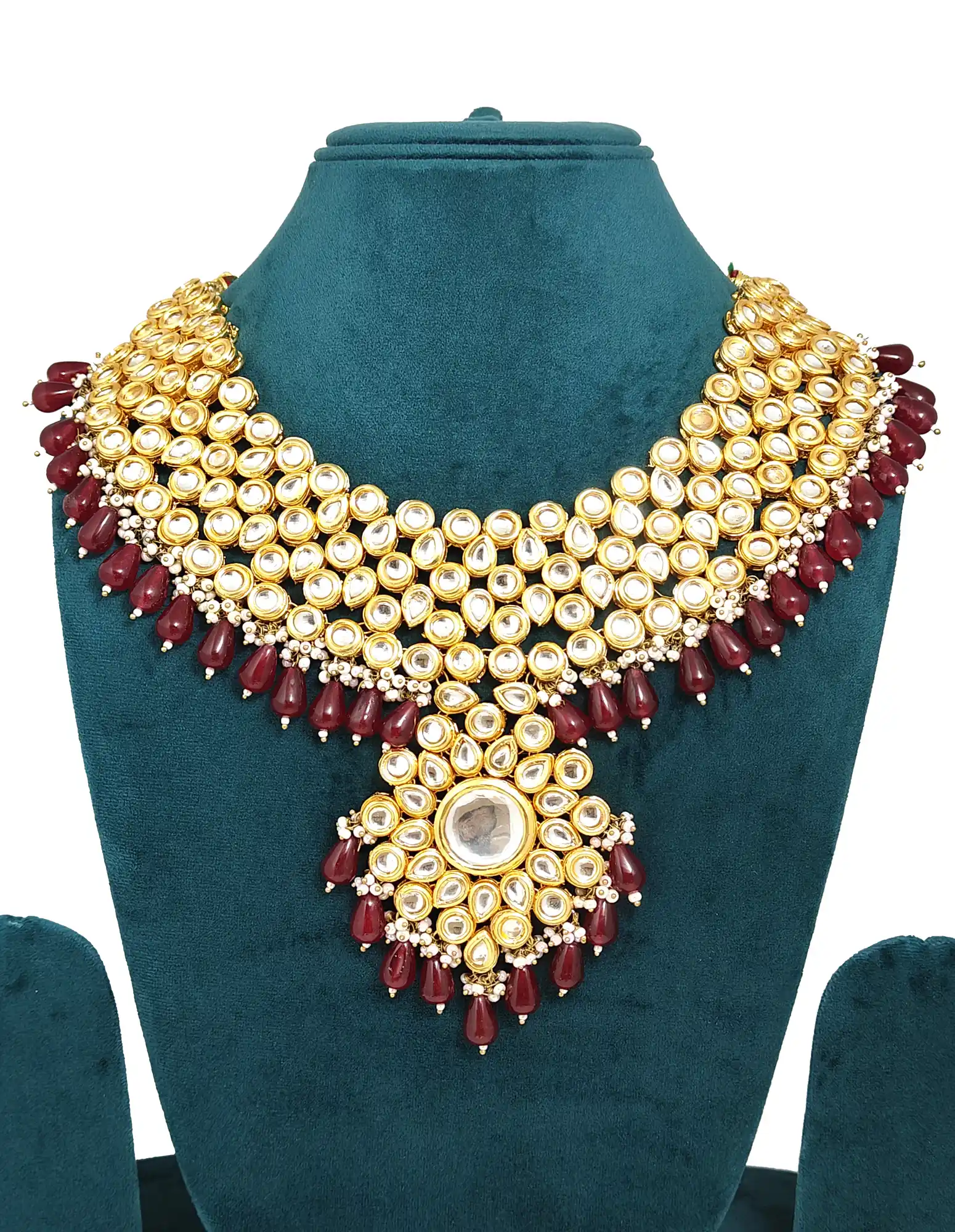 Girls Kundan White Beaded Necklace Set - Maroon