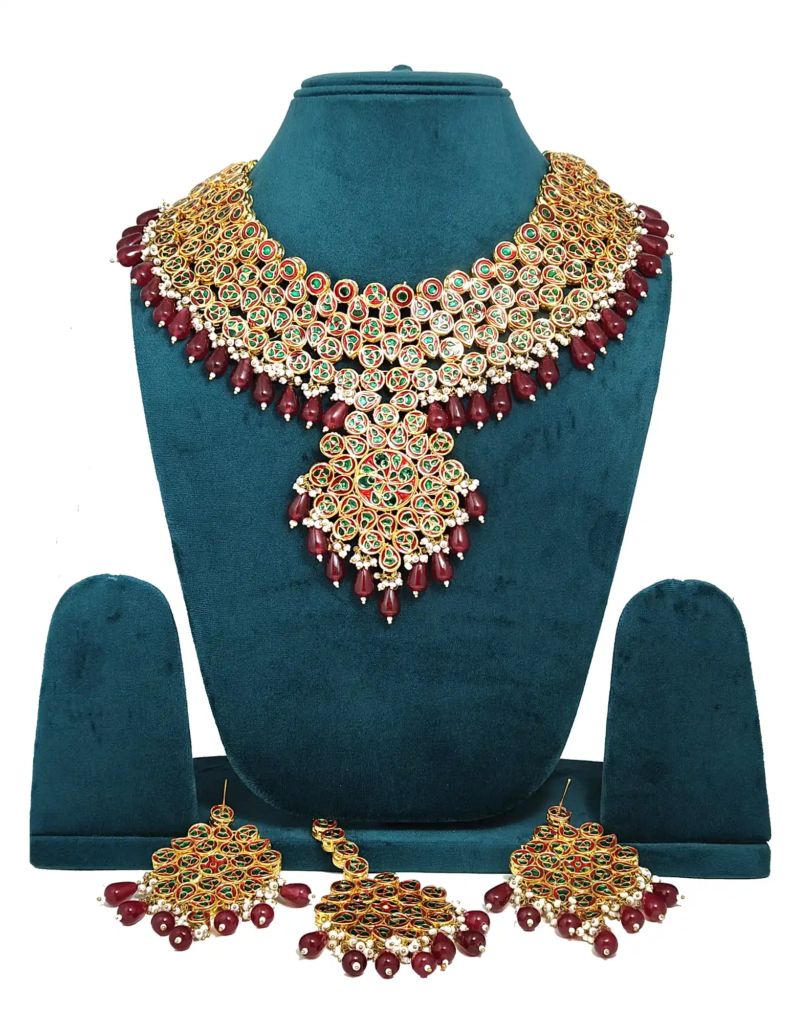 Back Meena Kundan White Beaded Necklace Set-Maroon