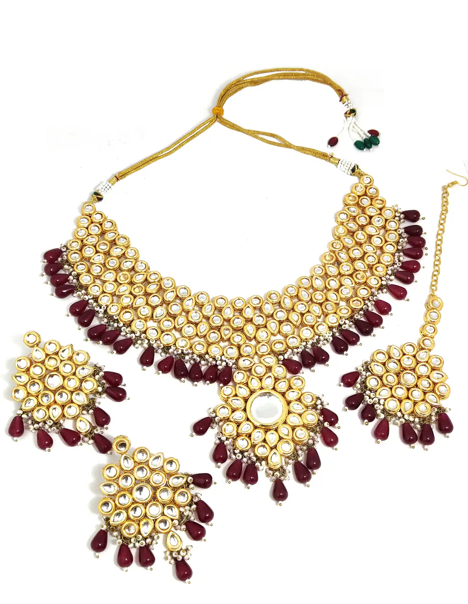 Main of Kundan White Beaded Necklace Set - Maroon