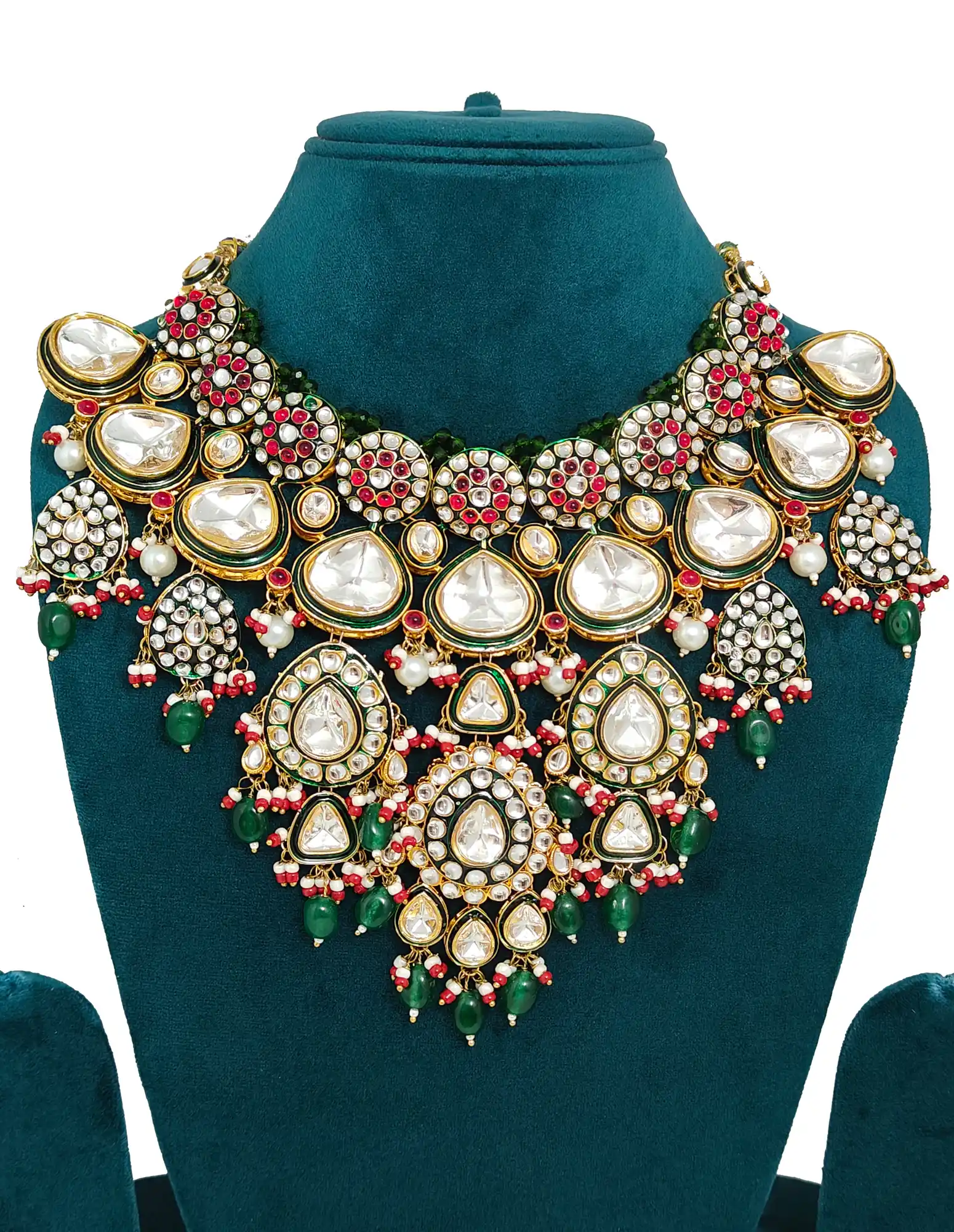 Polki Kundan Bridal Necklace Set for Womens - Green Polki Kundan Bridal Necklace Set - Image 3