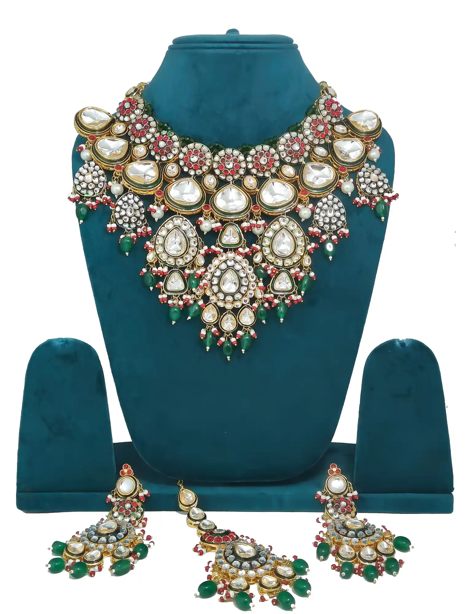 Polki Kundan Bridal Necklace Set with Earrings - Green Polki Kundan Bridal Necklace Set - Image 4