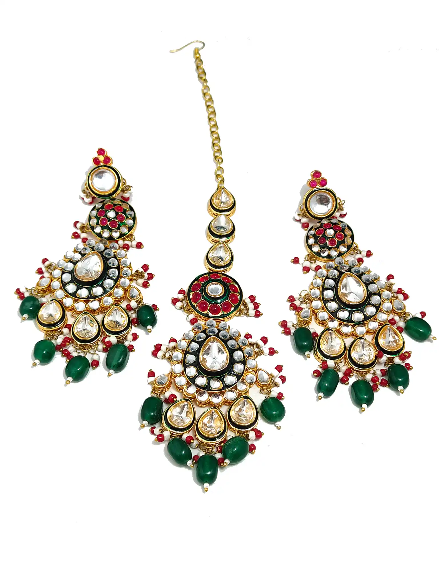 Earring Maang Tikka of Polki Kundan Bridal Set - Green Polki Kundan Bridal Necklace Set - Image 5