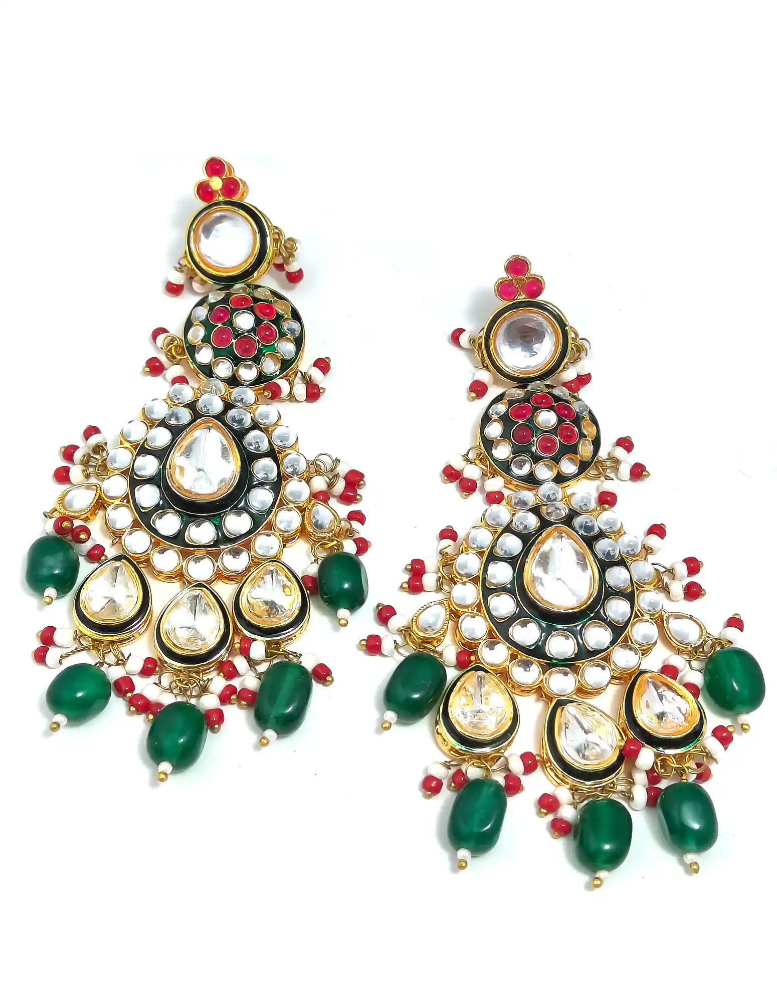 Earrings of Polki Kundan Bridal Necklace Set - Green Polki Kundan Bridal Necklace Set - Image 6