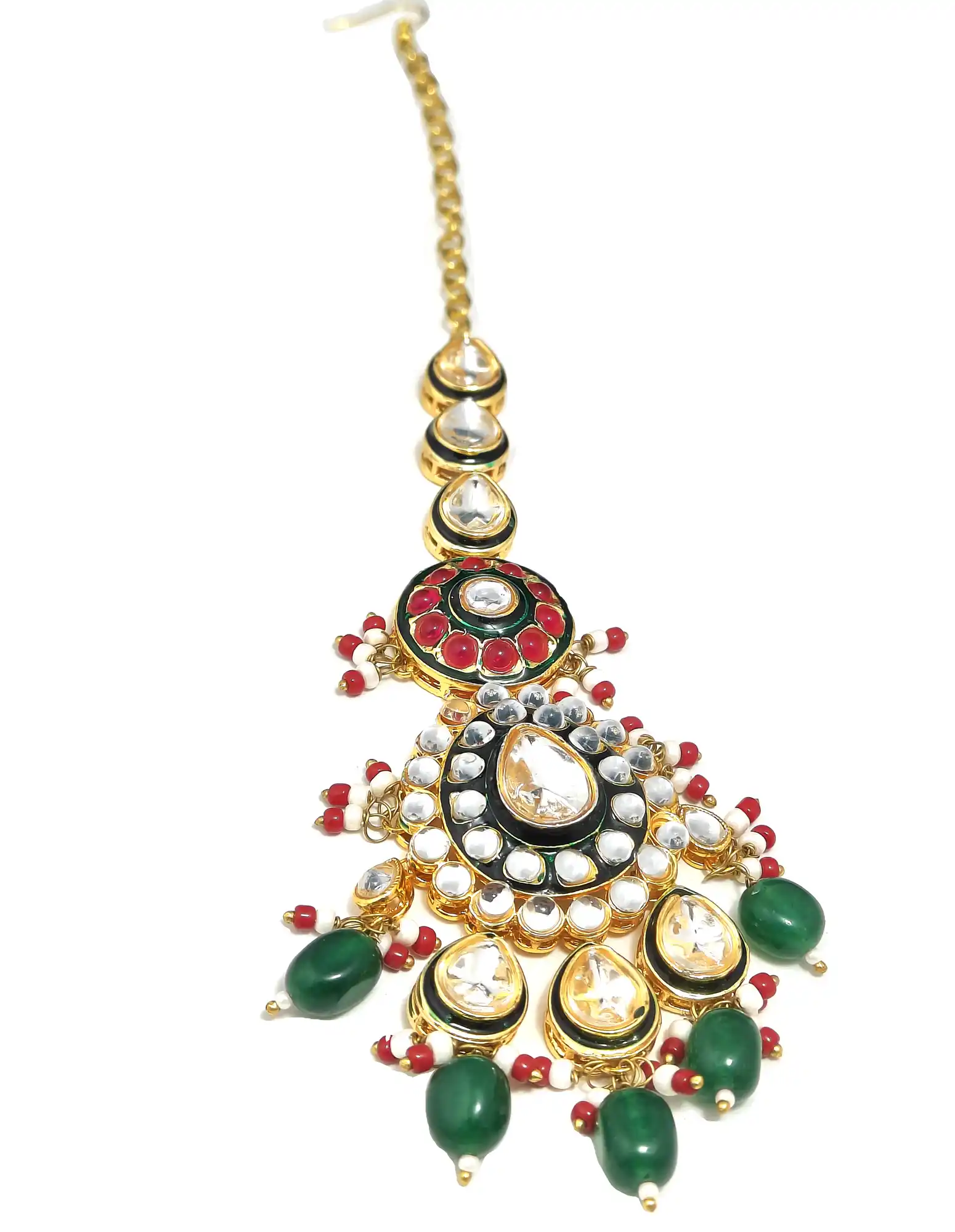Maang Tikka of Polki Kundan Bridal Necklace Set - Green Polki Kundan Bridal Necklace Set - Image 7