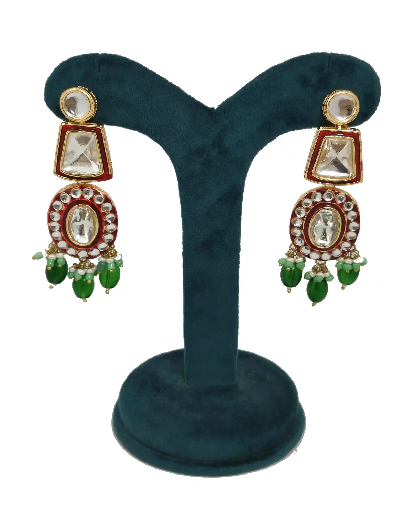 Matching chandelier kundan earrings - Green Red Polki Kundan Necklace - Image 5