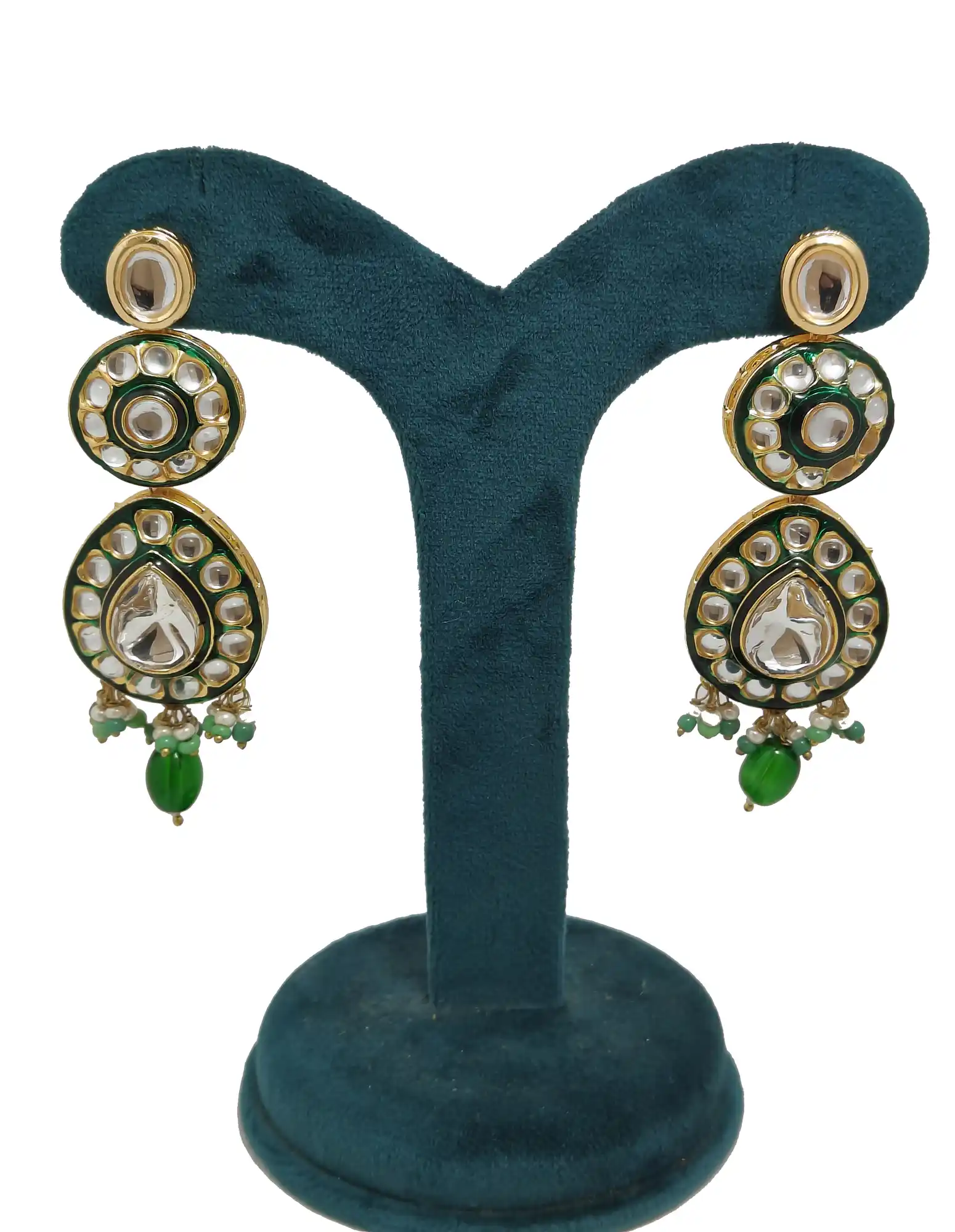 Green Kundan Polki Set Earrings - Green Polki Green Necklace Set - Image 5