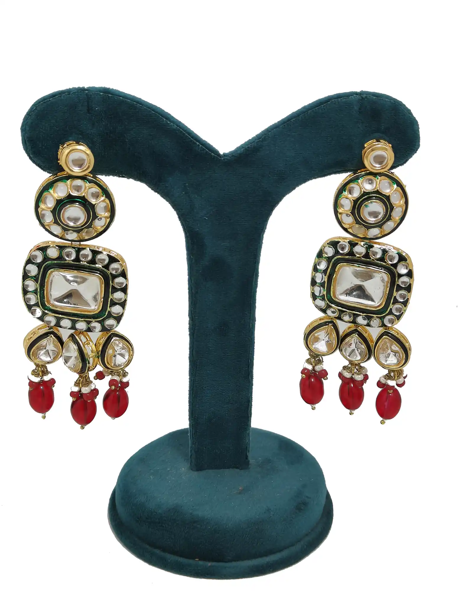 Kundan Polki Emerald Set Earrings - Red Red Emerald Polki Necklace - Image 5