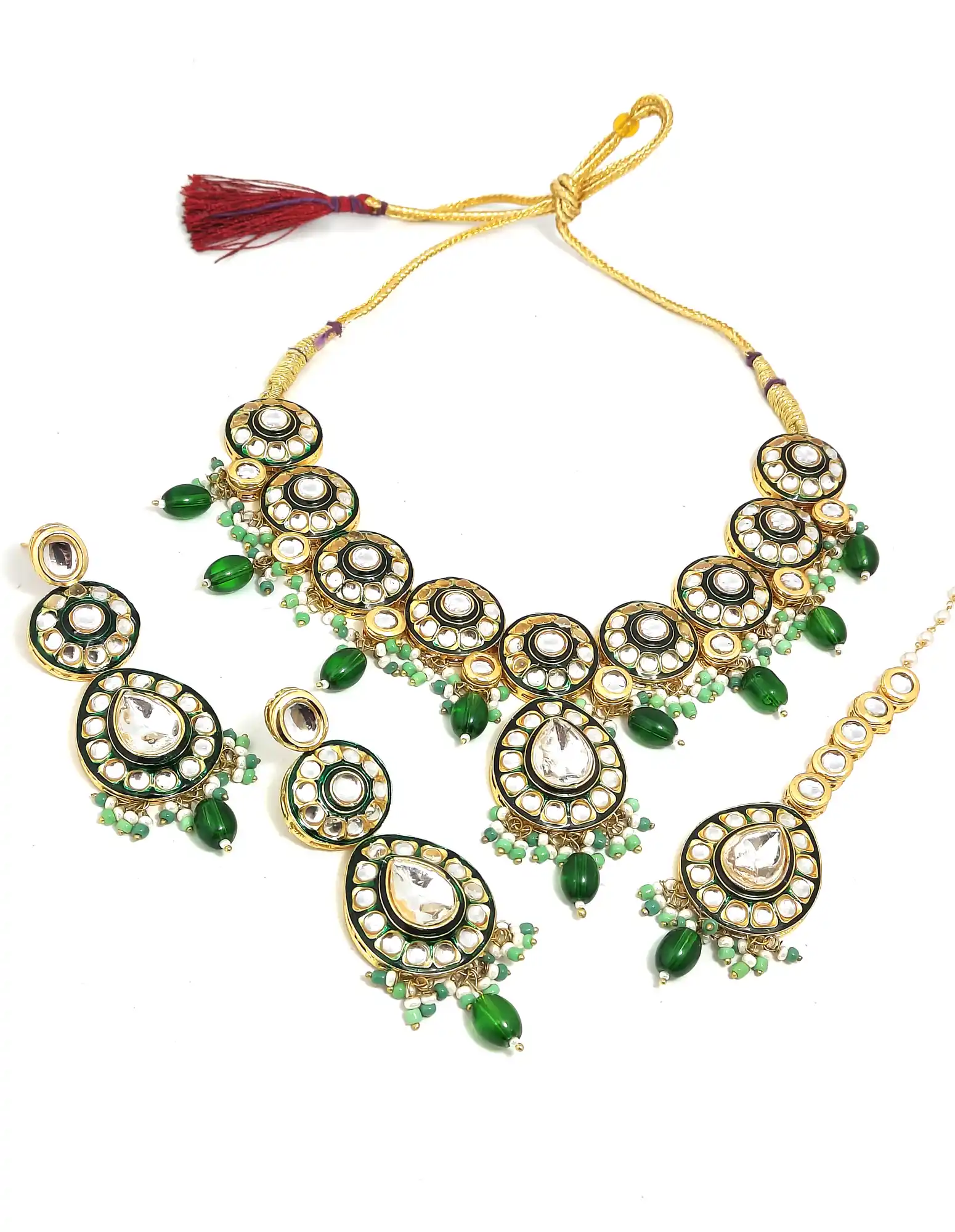 Kundan Polki Set Front Elevation - Main View - Green Polki Green Necklace Set - Image 4