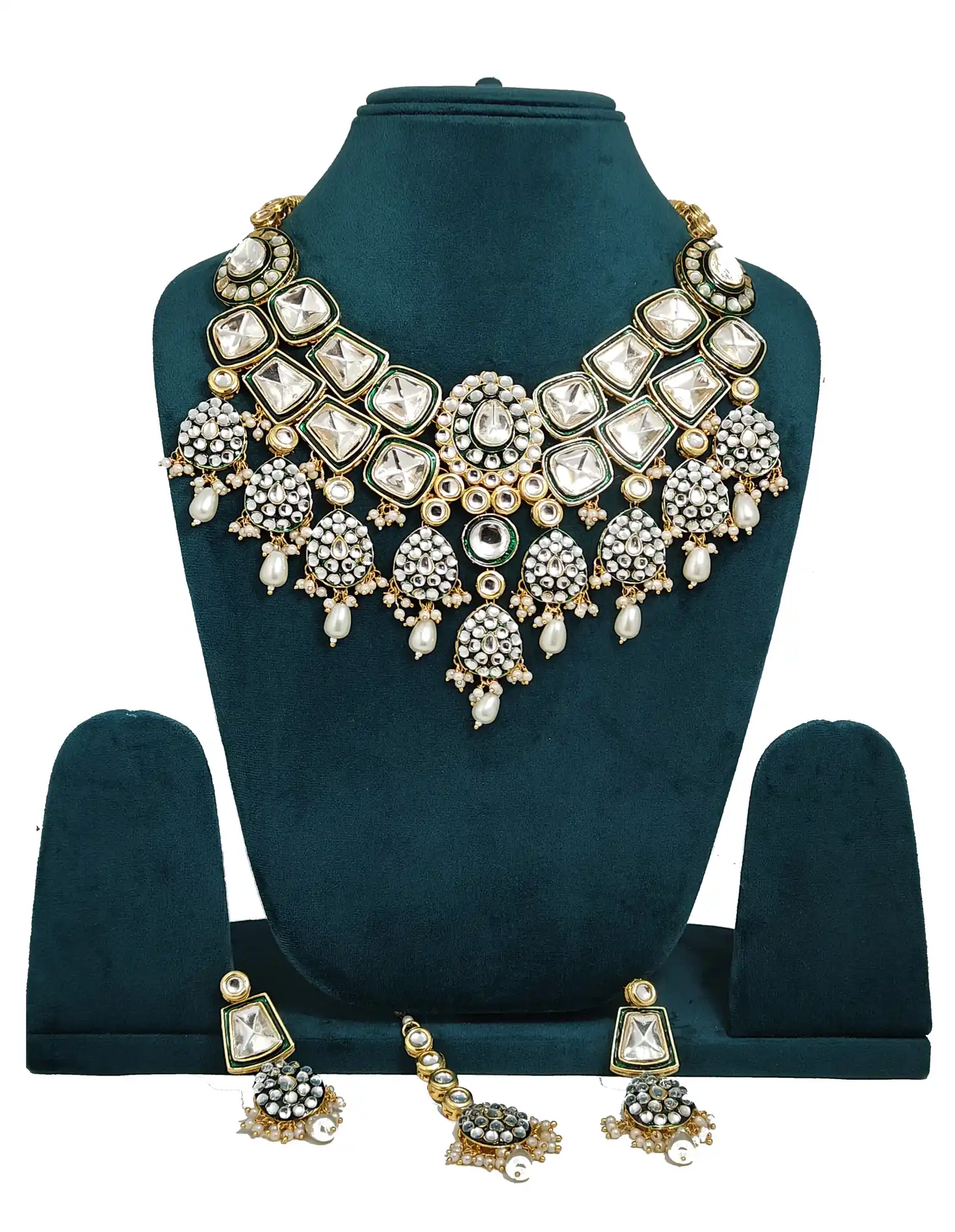 Detailed close-up of pearl-drop tassels and jhumka - White Polki Kundan Necklace - Image 3