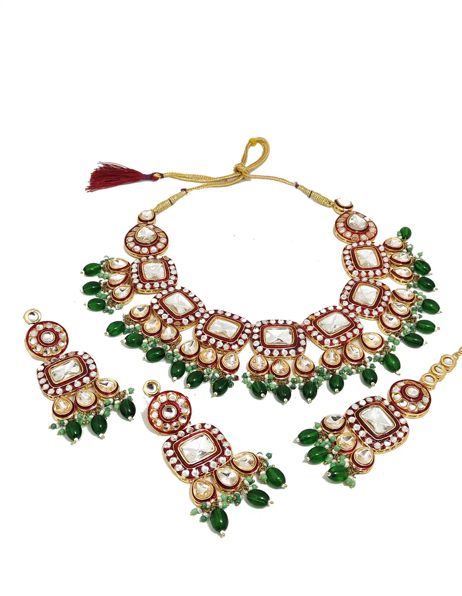 Maang tikka with teardrop polki stone, red enamel - Green Red Meenakari Polki Set - Image 4