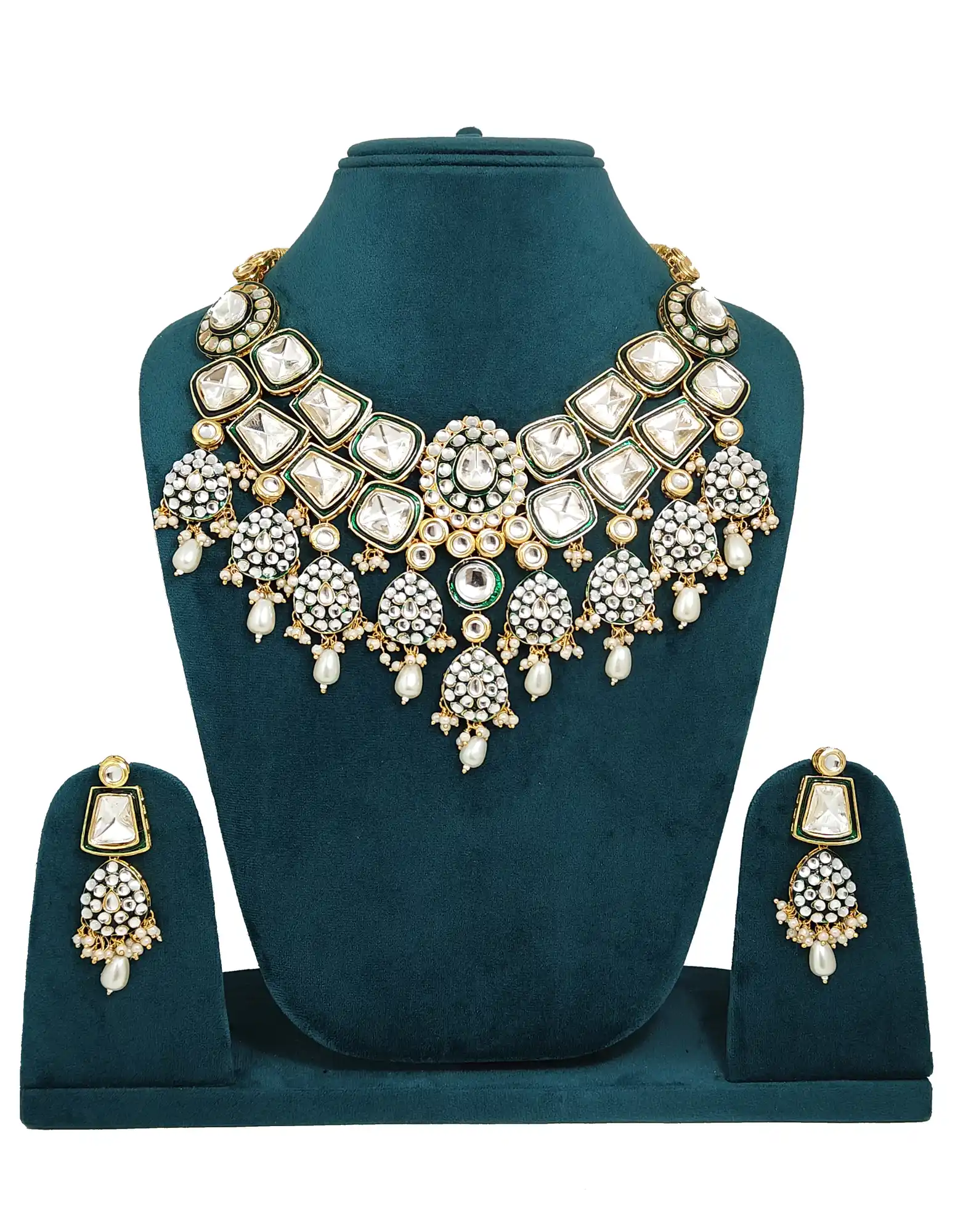 Close-up of polki stones and green enamel detailin - for jewellery making