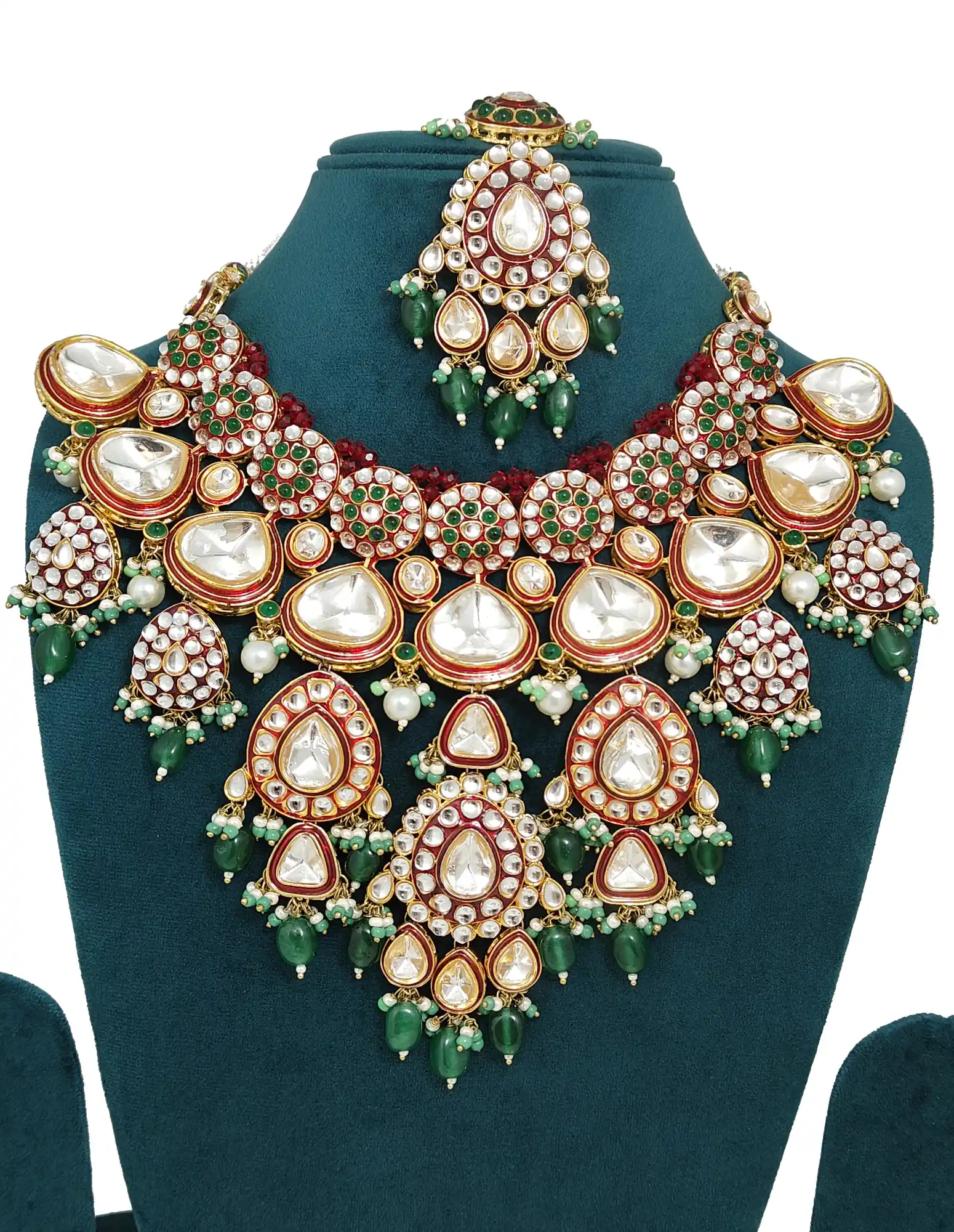 Detailed view of green onyx bead drops and pearl a - Red Kundan Polki Bridal Necklace Set - Image 3