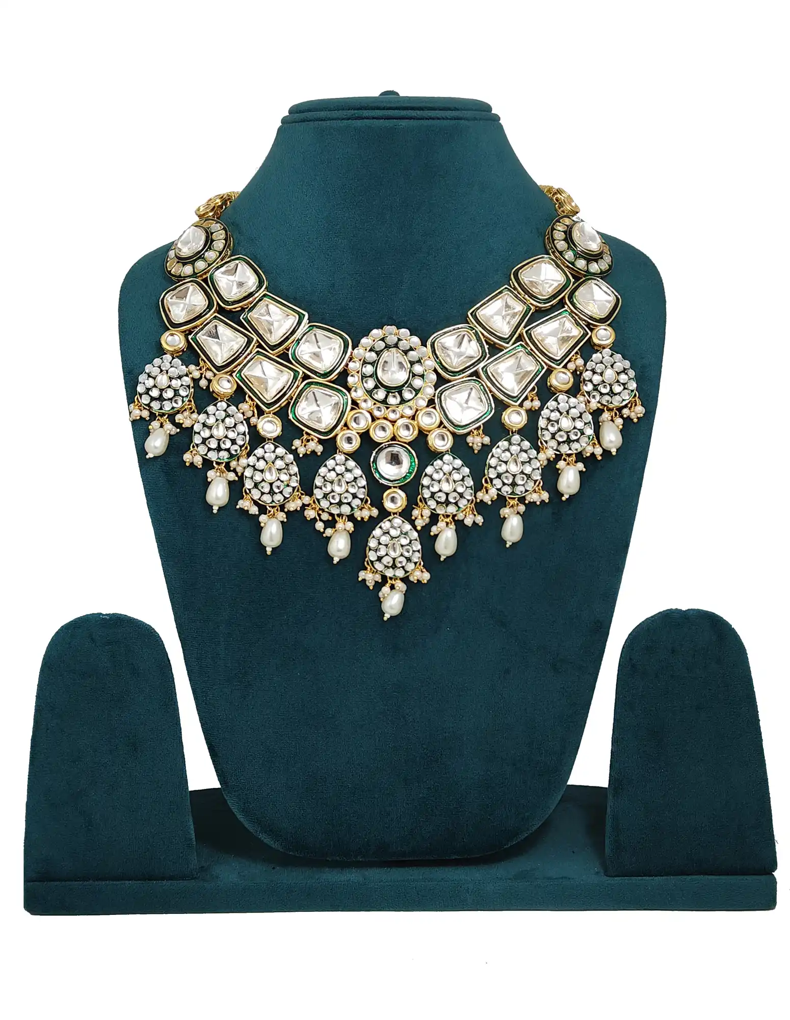 Side view of kundan choker showing gold-plated fin - White Polki Kundan Necklace - Image 4