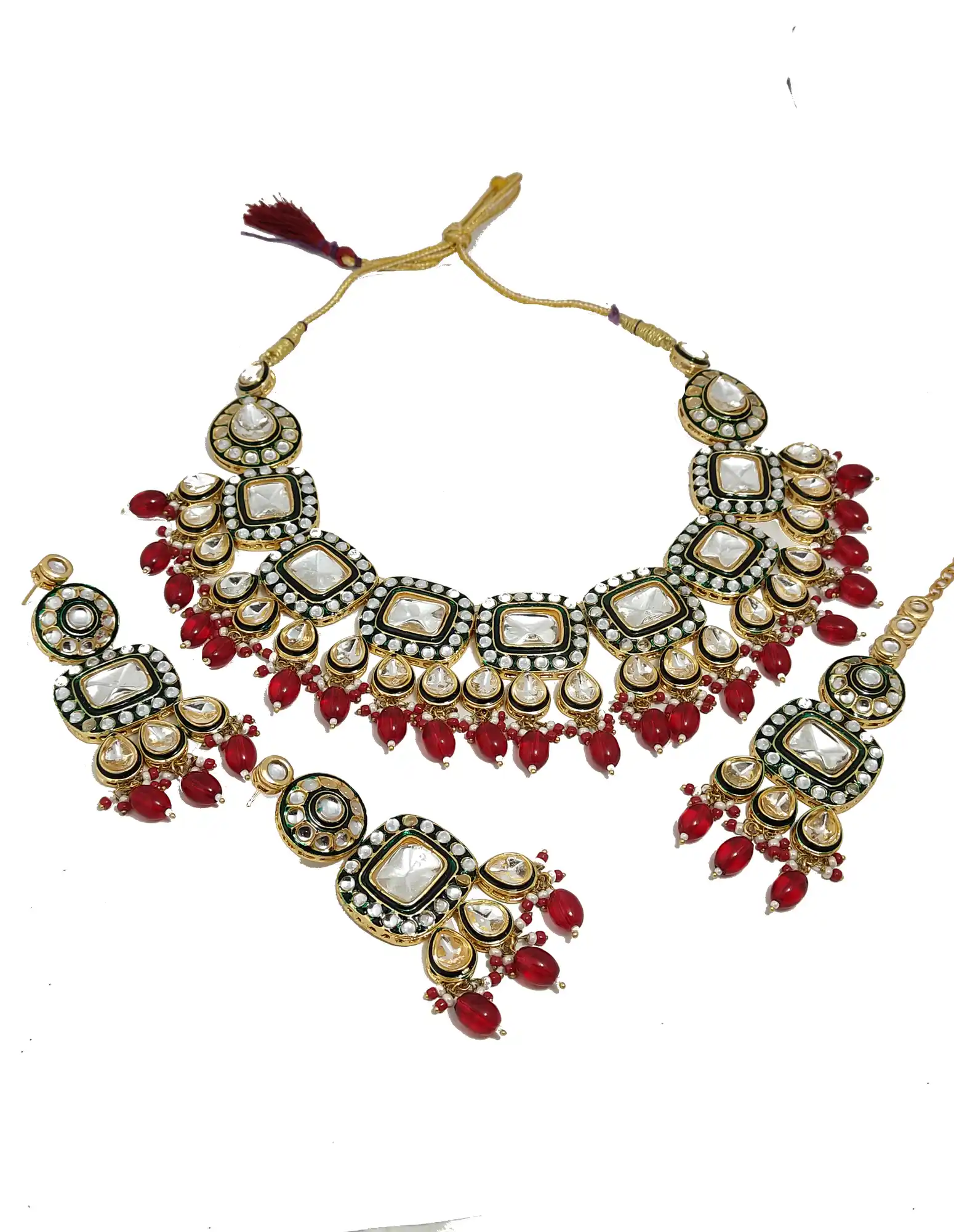 Kundan Polki Set Main Front View - Red Red Emerald Polki Necklace - Image 4