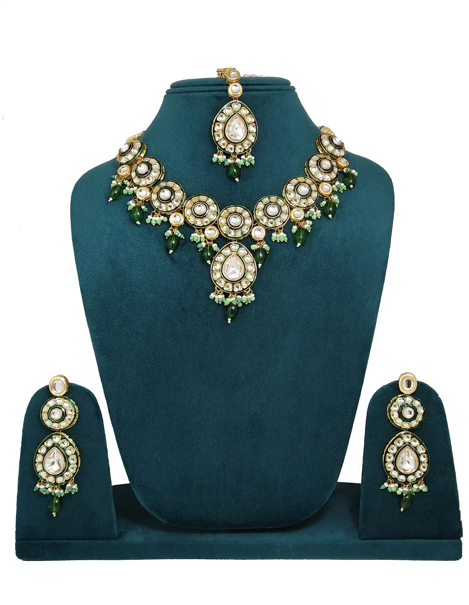 Ornate Kundan Polki choker set with green bead dro - for jewellery making
