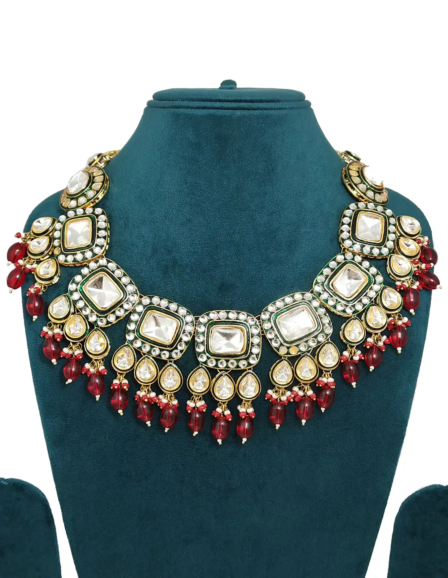 Kundan Polki Set front Elevation View - Red Red Emerald Polki Necklace - Image 3