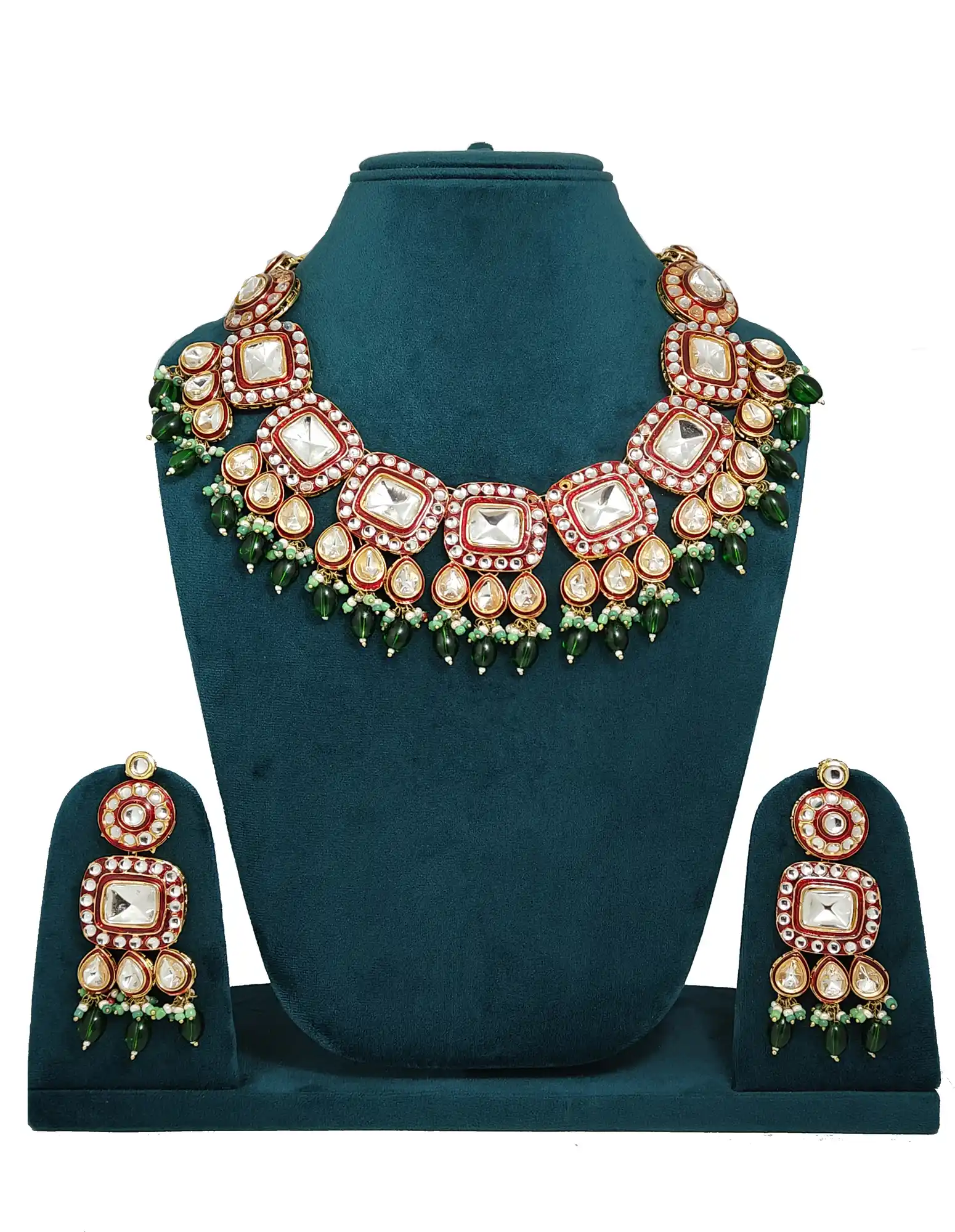 Close-up of square polki stones and red enamel - for jewellery making