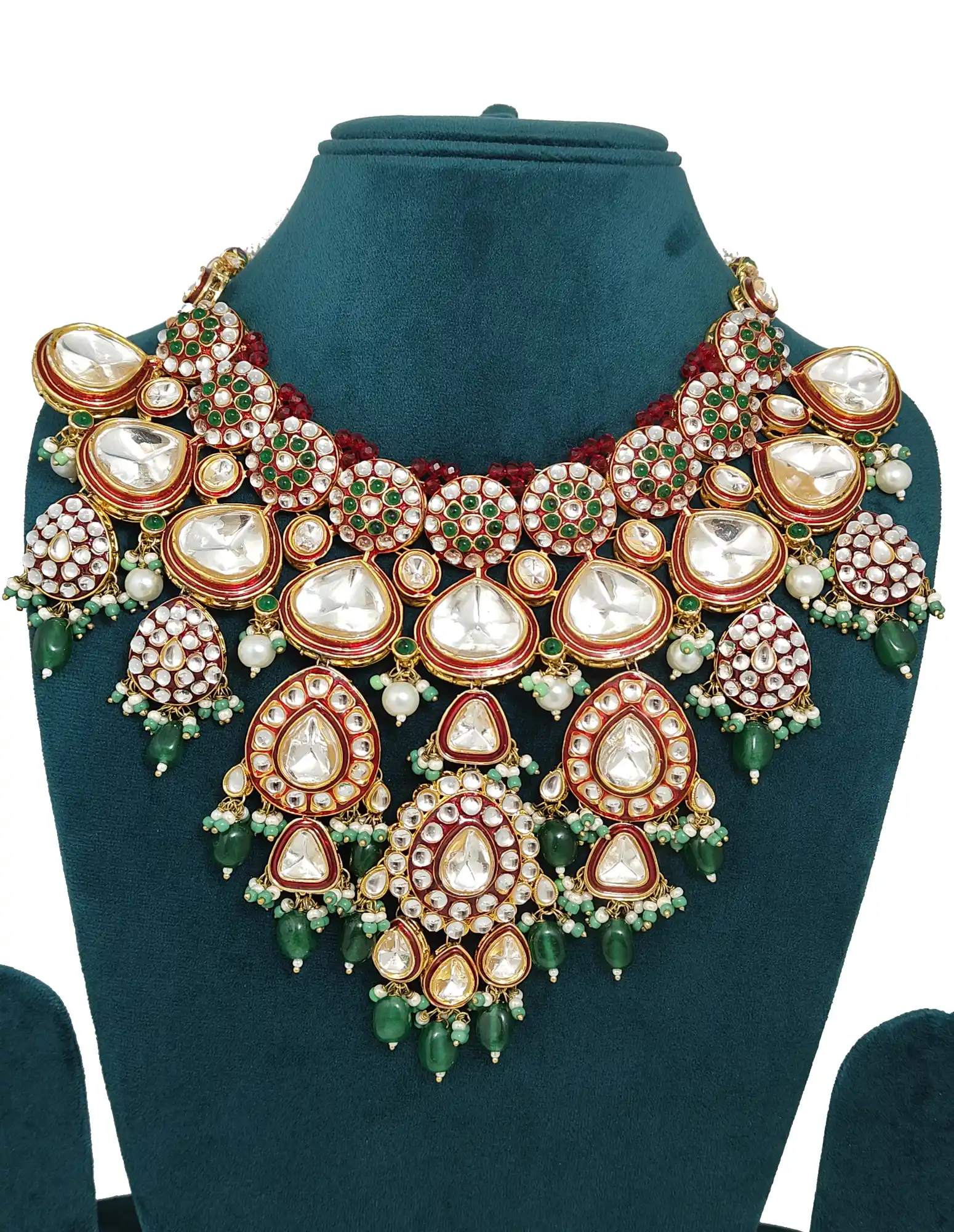 kundan polki set paired with red and green - Red Kundan Polki Bridal Necklace Set - Image 4