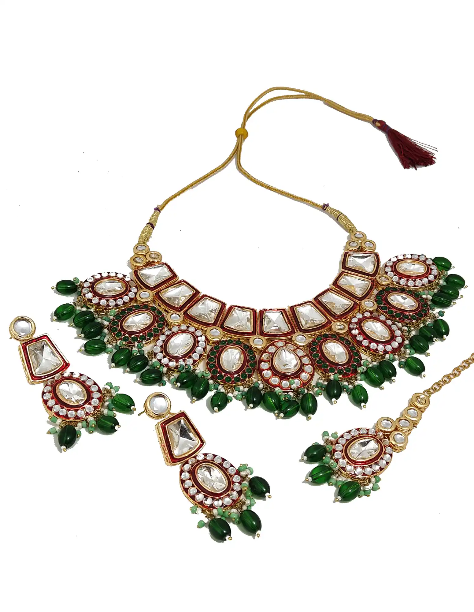 Close-up of square polki stones - Green Red Polki Kundan Necklace - Image 4