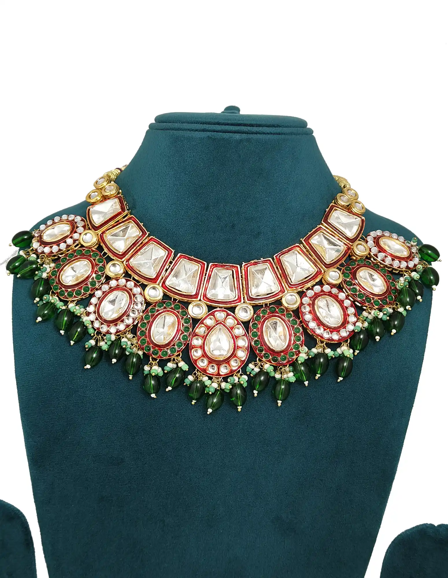 kundan polki choker set with red enamel - Green Red Polki Kundan Necklace - Image 3