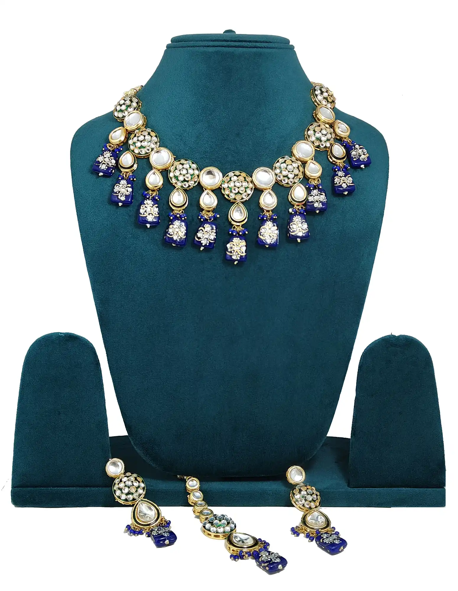 Matching kundan chandelier earrings with blue drop - Blue Kundan Polki Necklace - Image 3