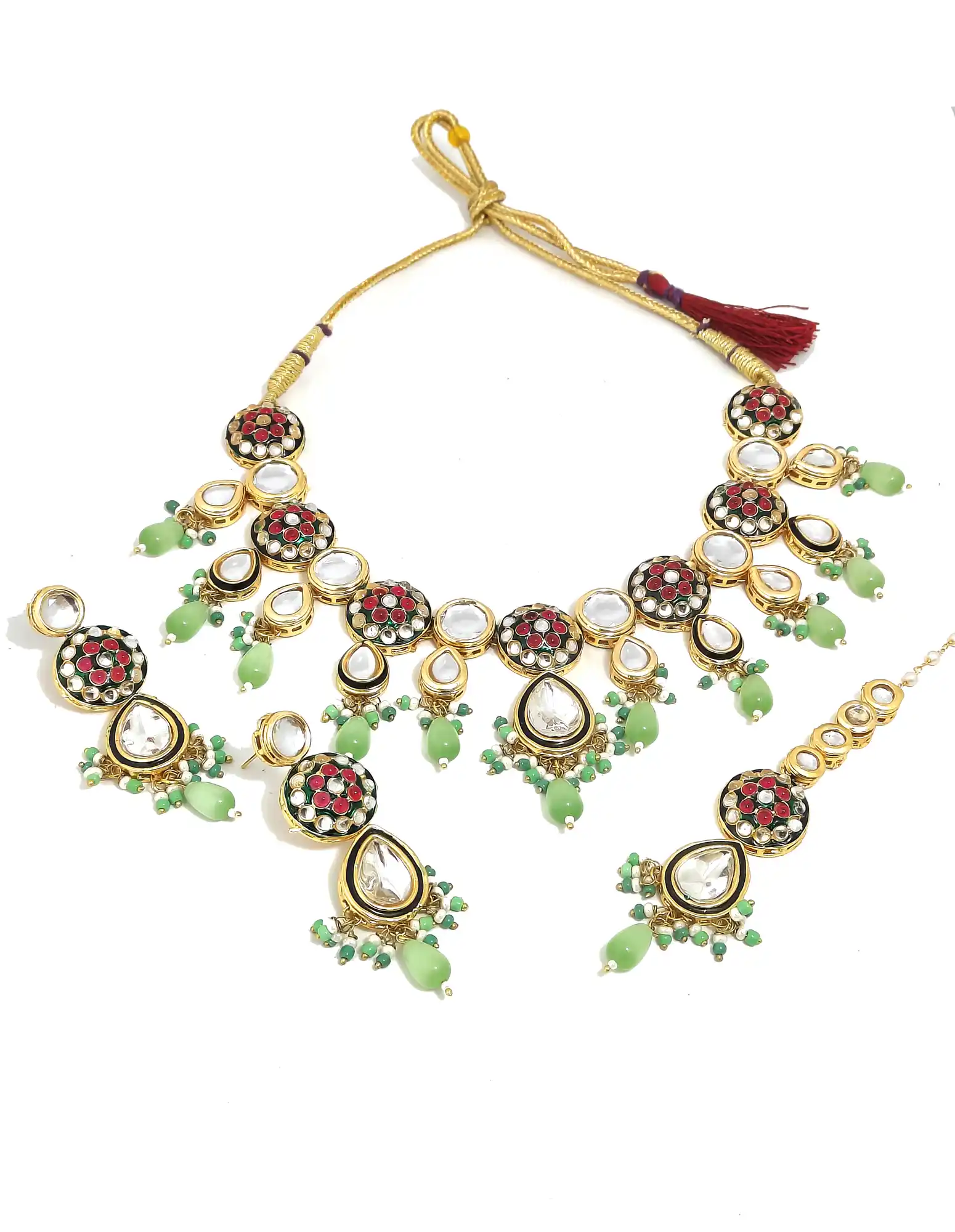 Choker set displayed on teal bust showing full - Mint Green Mint Green Polki Necklace Set - Image 4