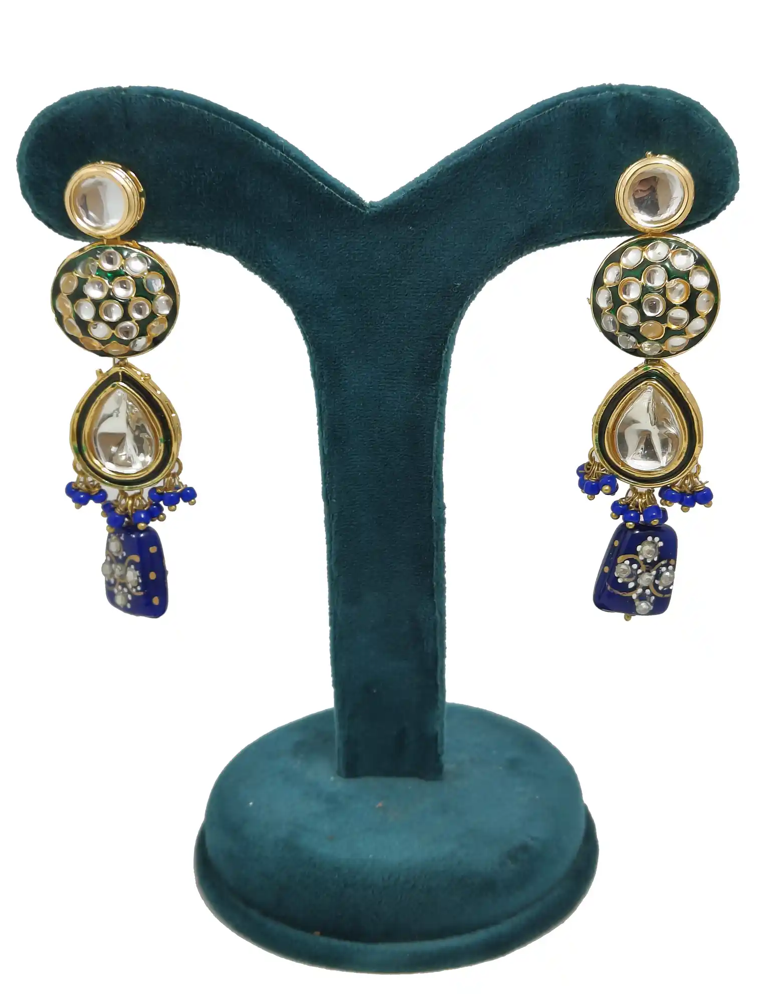 Matching kundan chandelier earrings - Blue Kundan Polki Necklace - Image 5